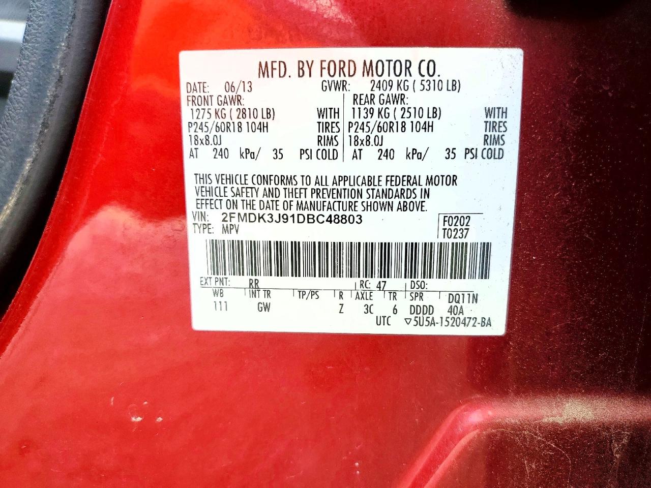 2013 Ford Edge Sel Red vin: 2FMDK3J91DBC48803