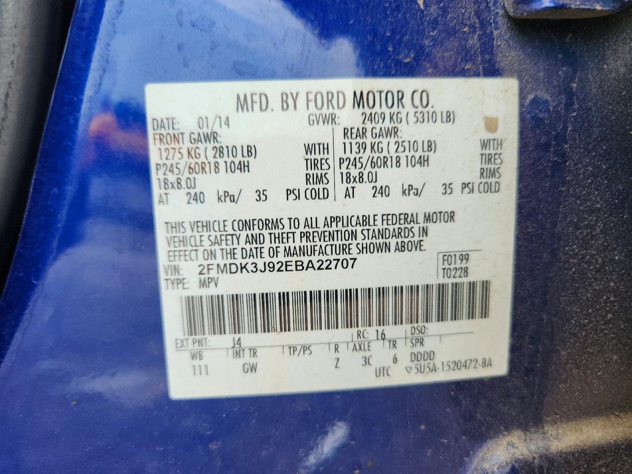 2014 Ford Edge Sel Blue vin: 2FMDK3J92EBA22707