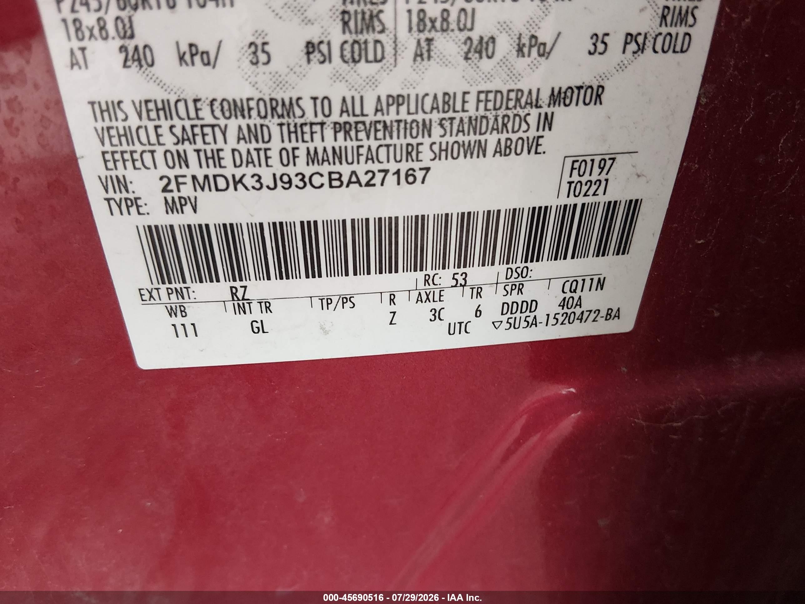 2012 Ford Edge Sel Red vin: 2FMDK3J93CBA27167