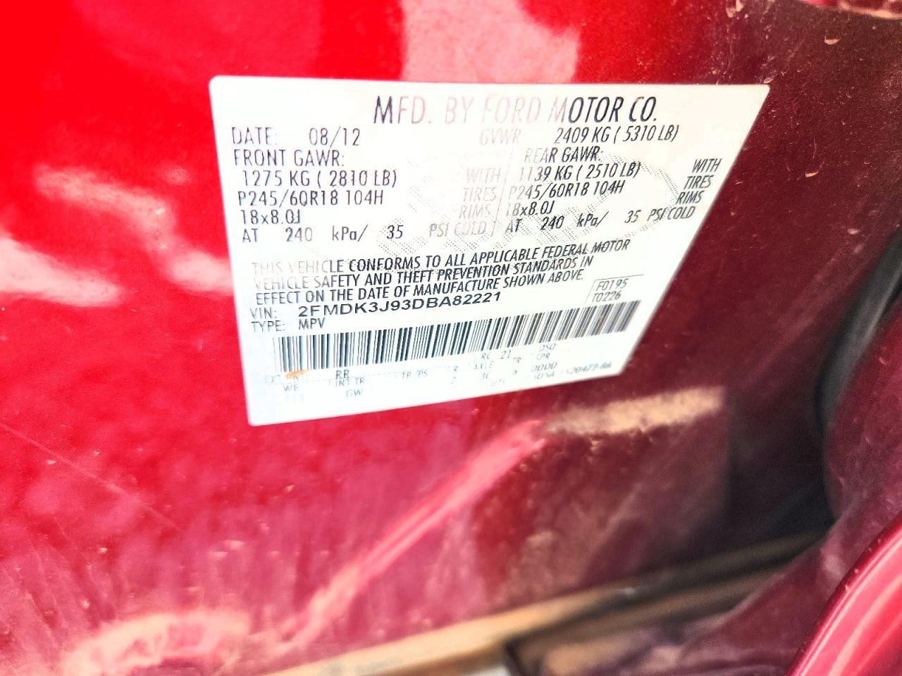 2013 Ford Edge Sel Maroon vin: 2FMDK3J93DBA82221