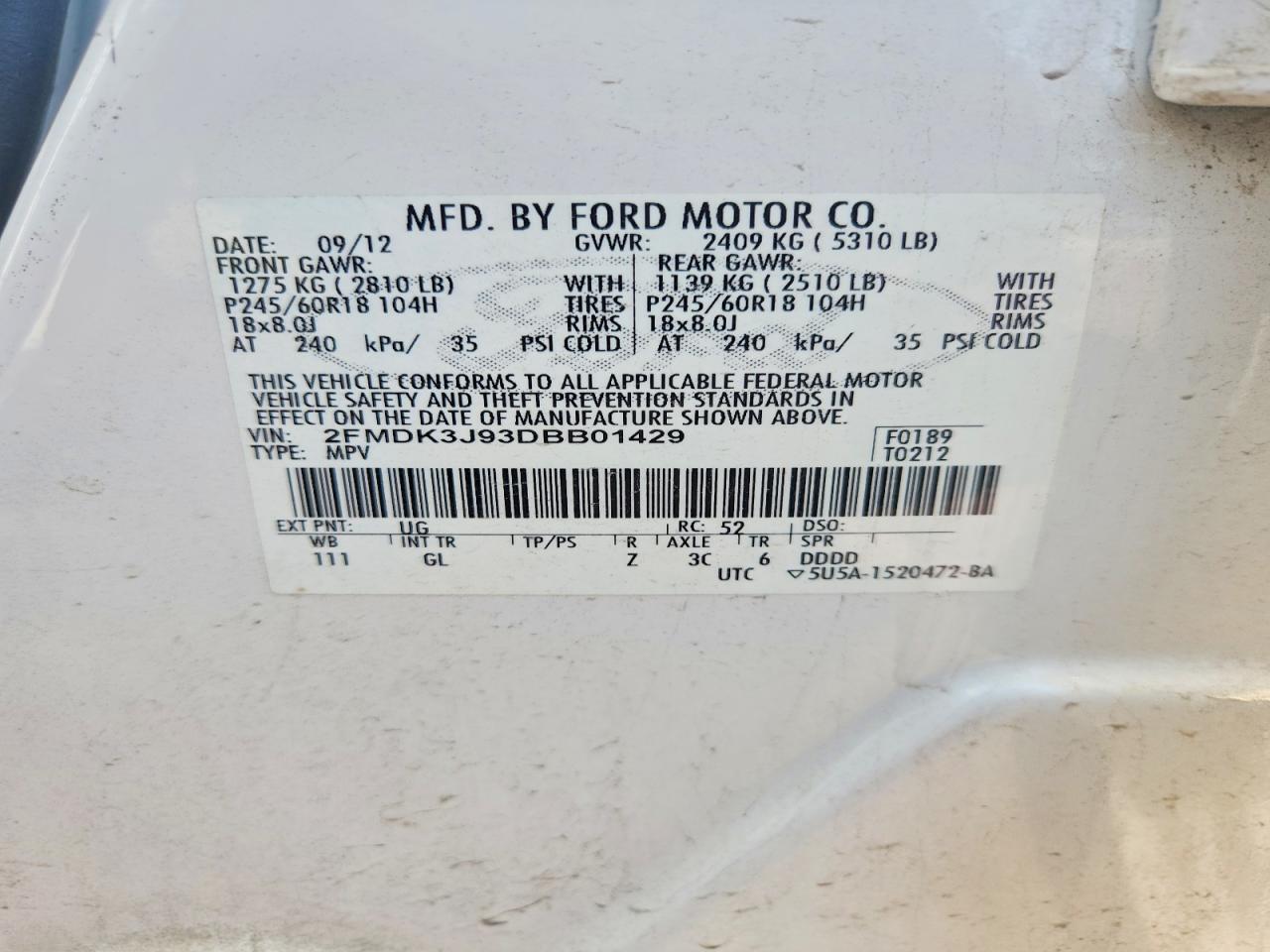 2013 Ford Edge Sel White vin: 2FMDK3J93DBB01429