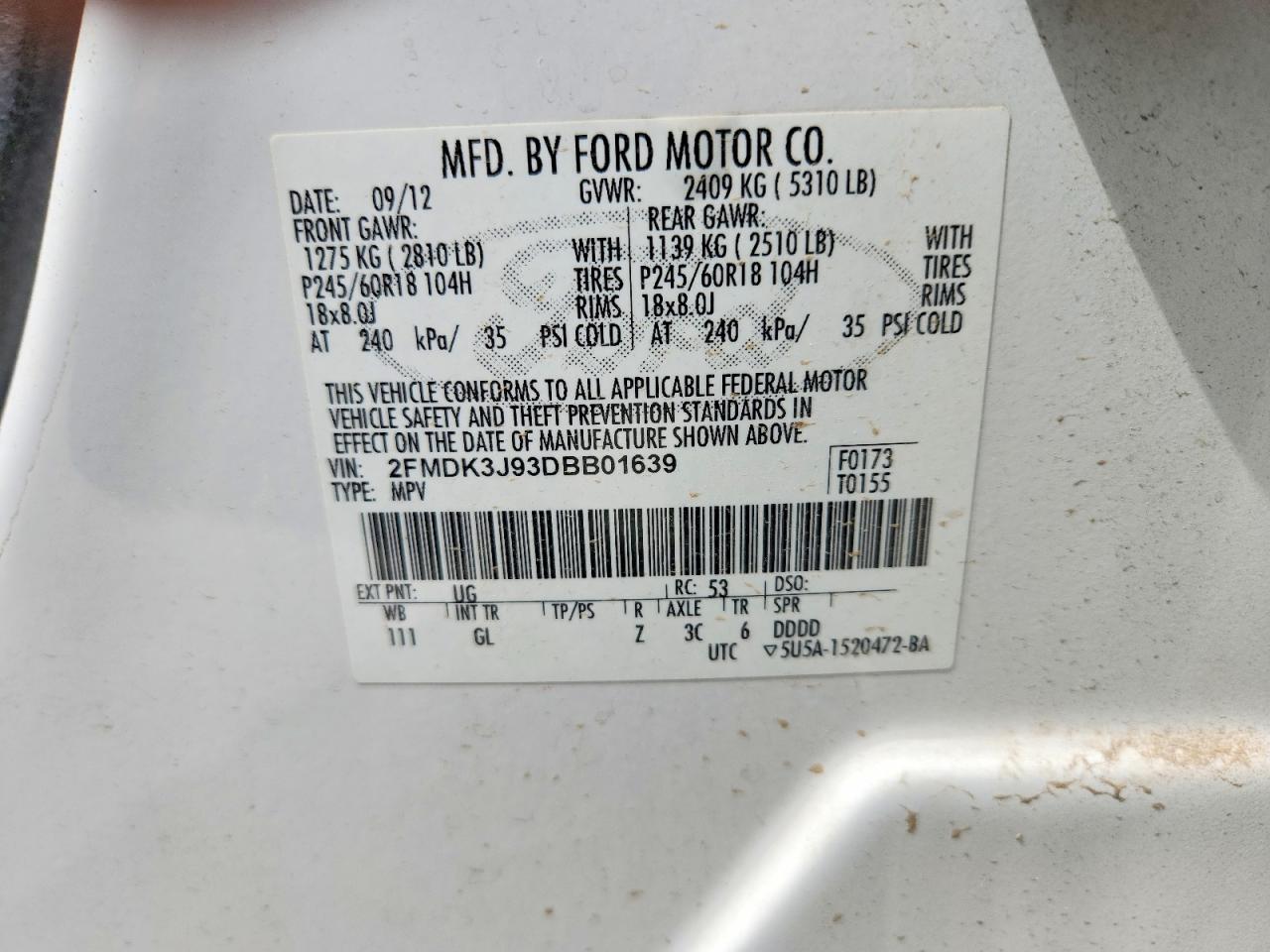 2013 Ford Edge Sel White vin: 2FMDK3J93DBB01639