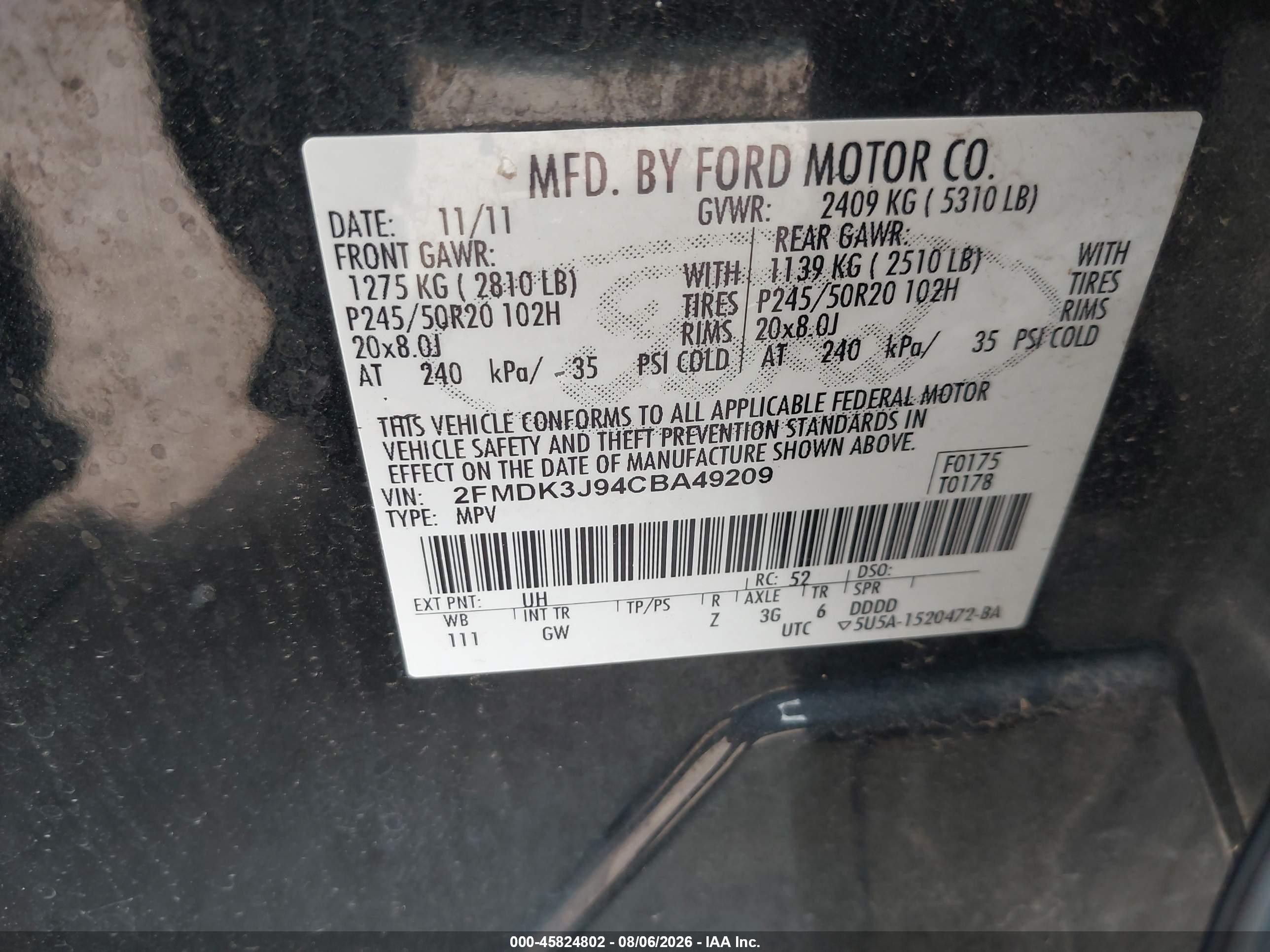 2012 Ford Edge Sel Black vin: 2FMDK3J94CBA49209