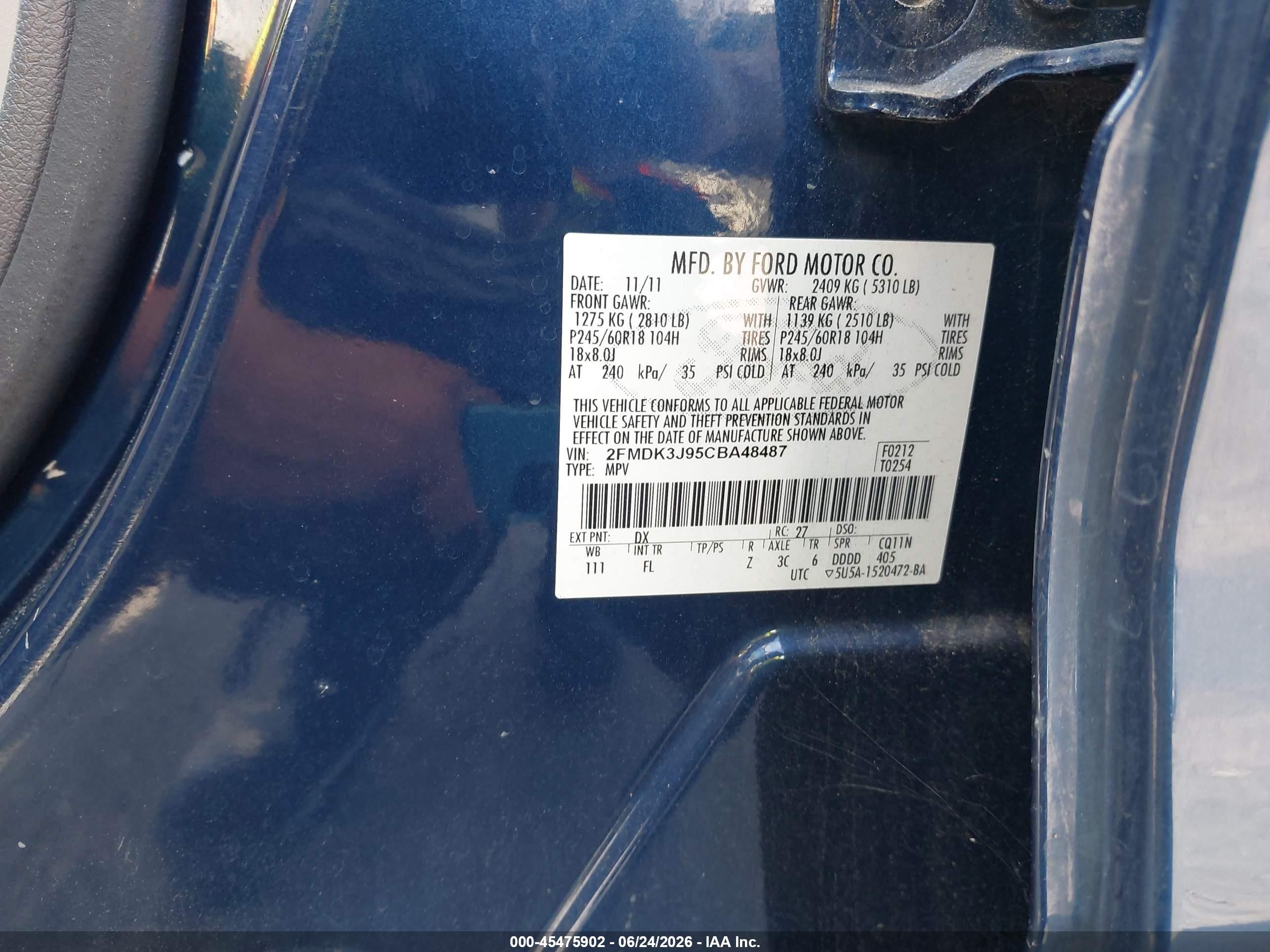 2012 Ford Edge Sel Blue vin: 2FMDK3J95CBA48487