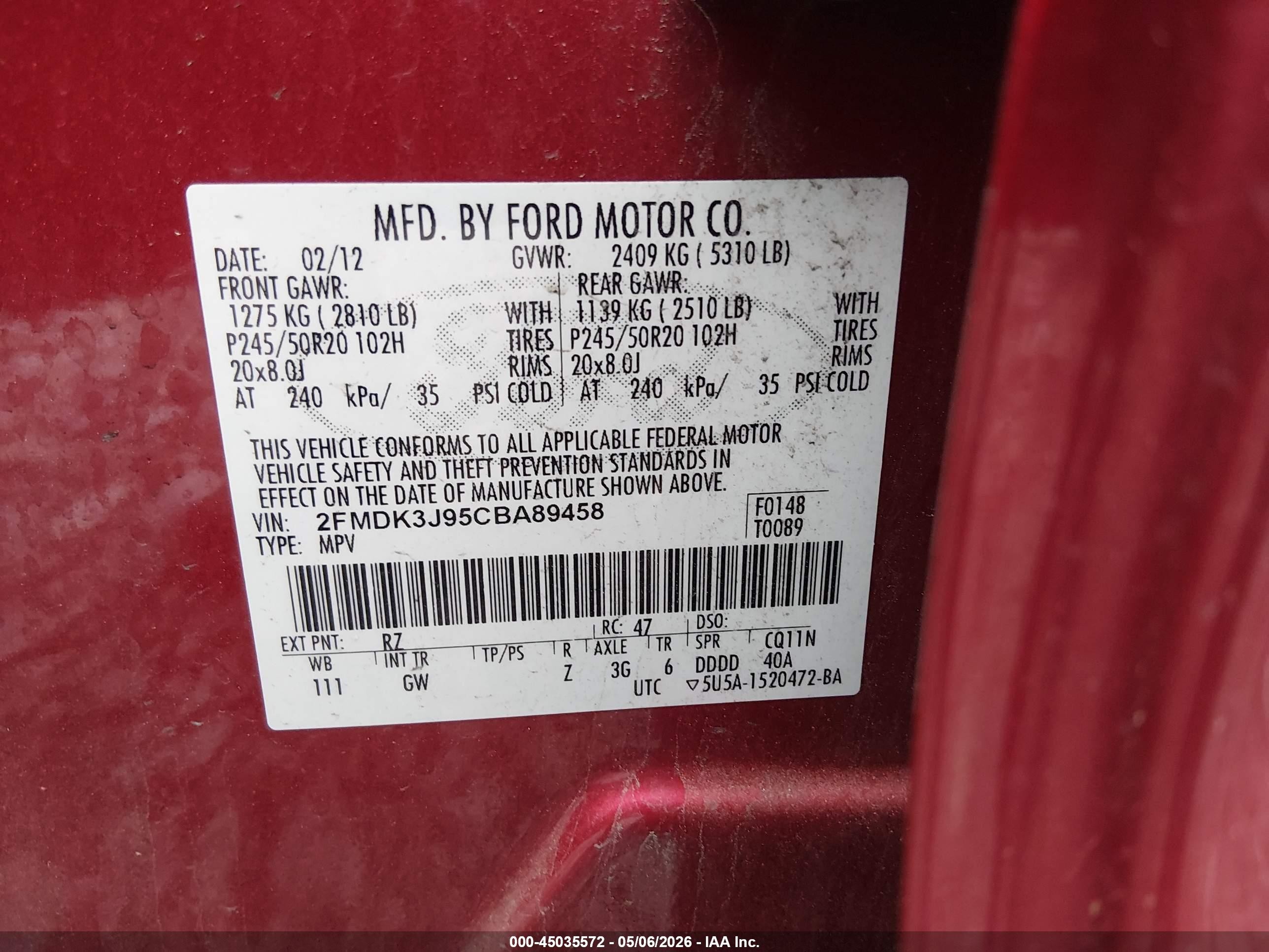 2012 Ford Edge Sel Red vin: 2FMDK3J95CBA89458