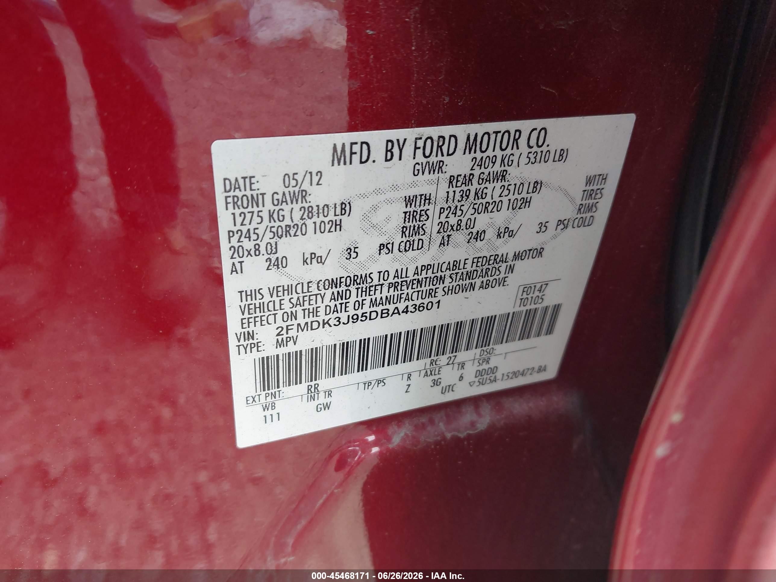 2013 Ford Edge Sel Red vin: 2FMDK3J95DBA43601