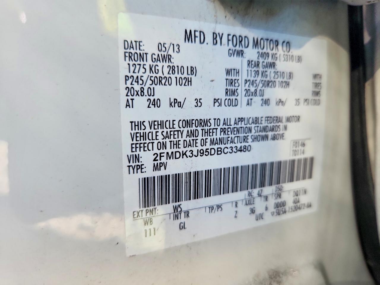 2013 Ford Edge Sel White vin: 2FMDK3J95DBC33480