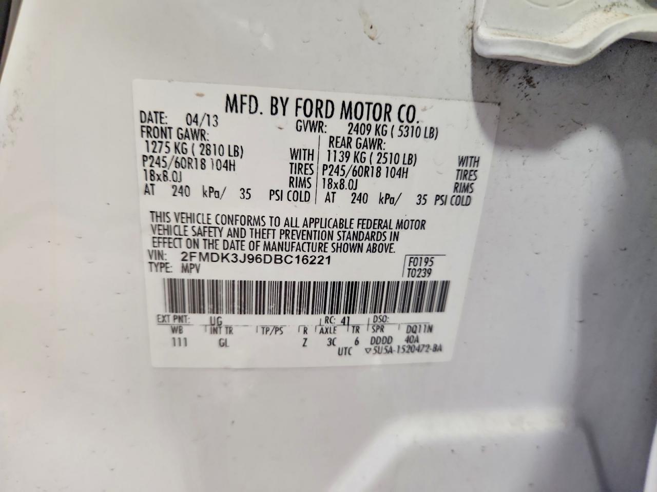 2013 Ford Edge Sel Белый vin: 2FMDK3J96DBC16221