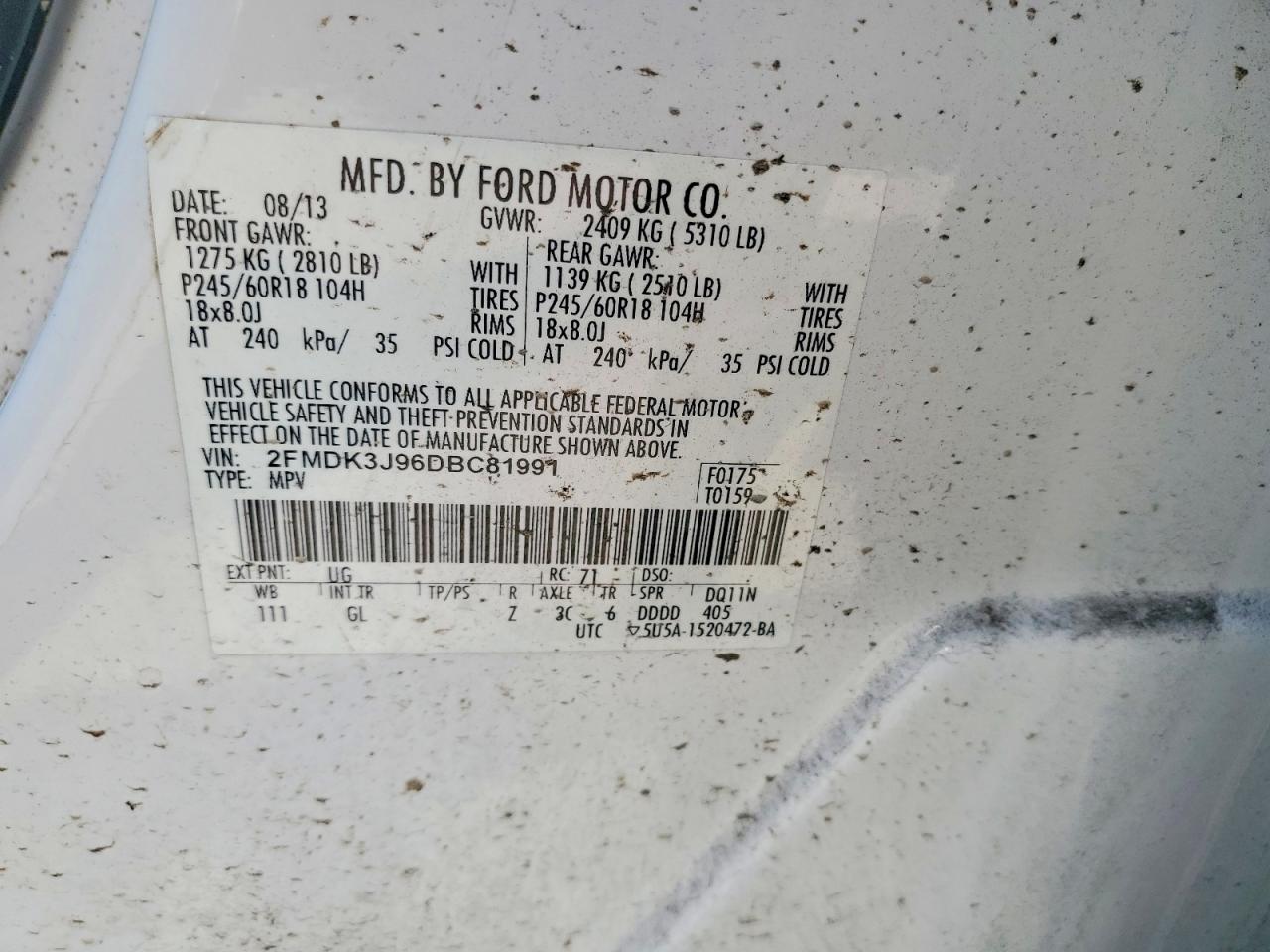 2013 Ford Edge Sel White vin: 2FMDK3J96DBC81991