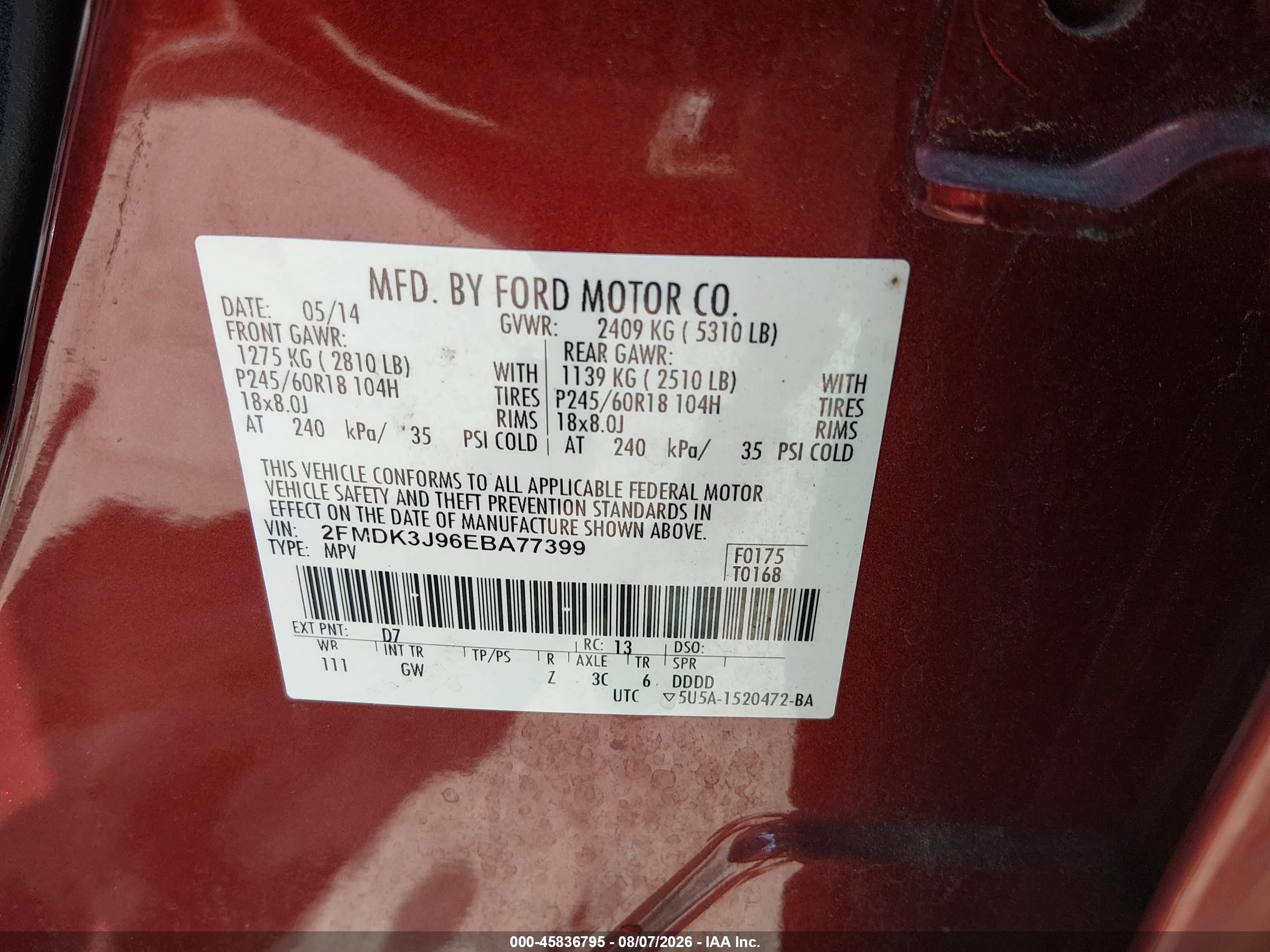 2014 Ford Edge Sel Burgundy vin: 2FMDK3J96EBA77399