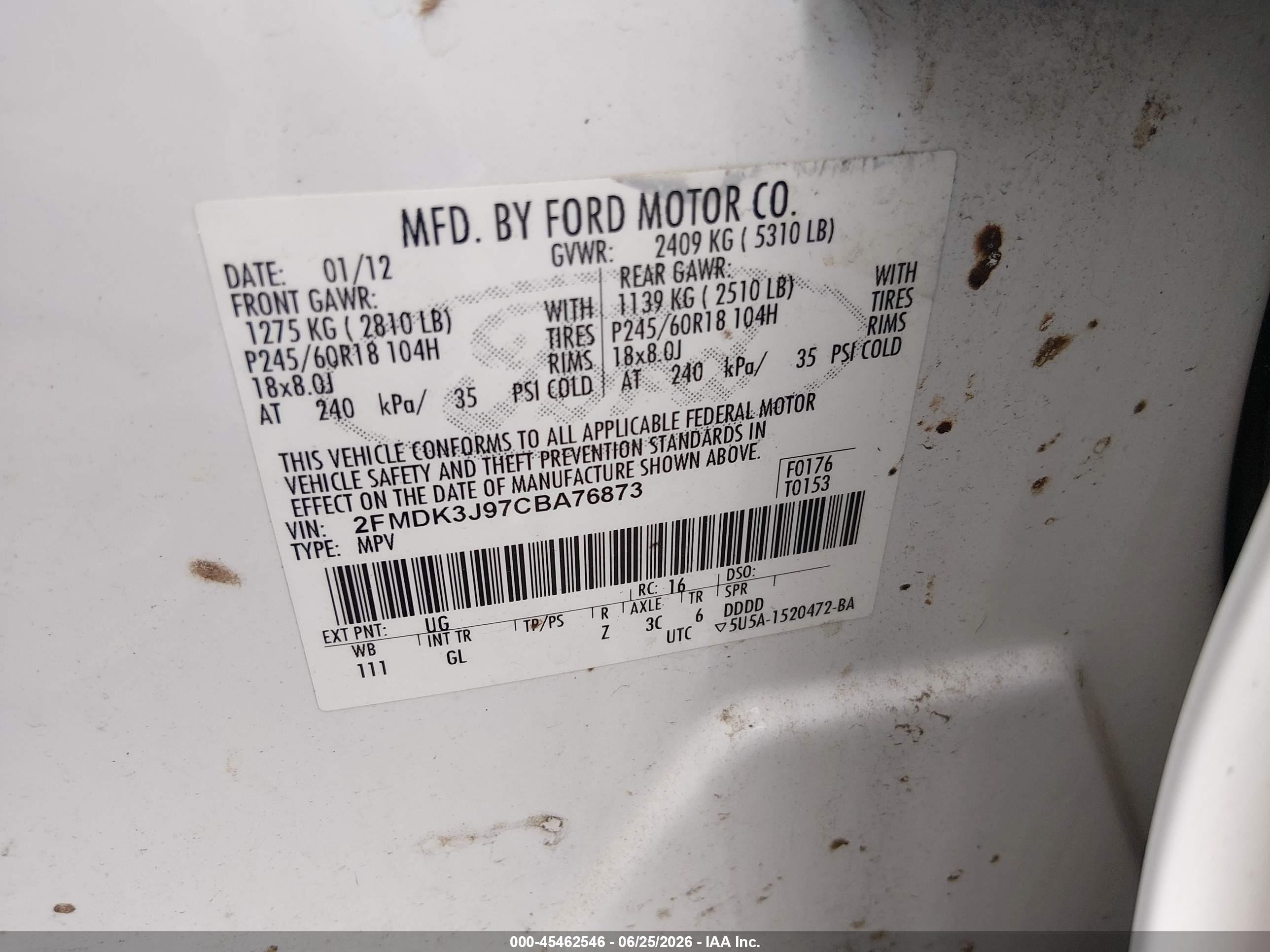 2012 Ford Edge Sel White vin: 2FMDK3J97CBA76873