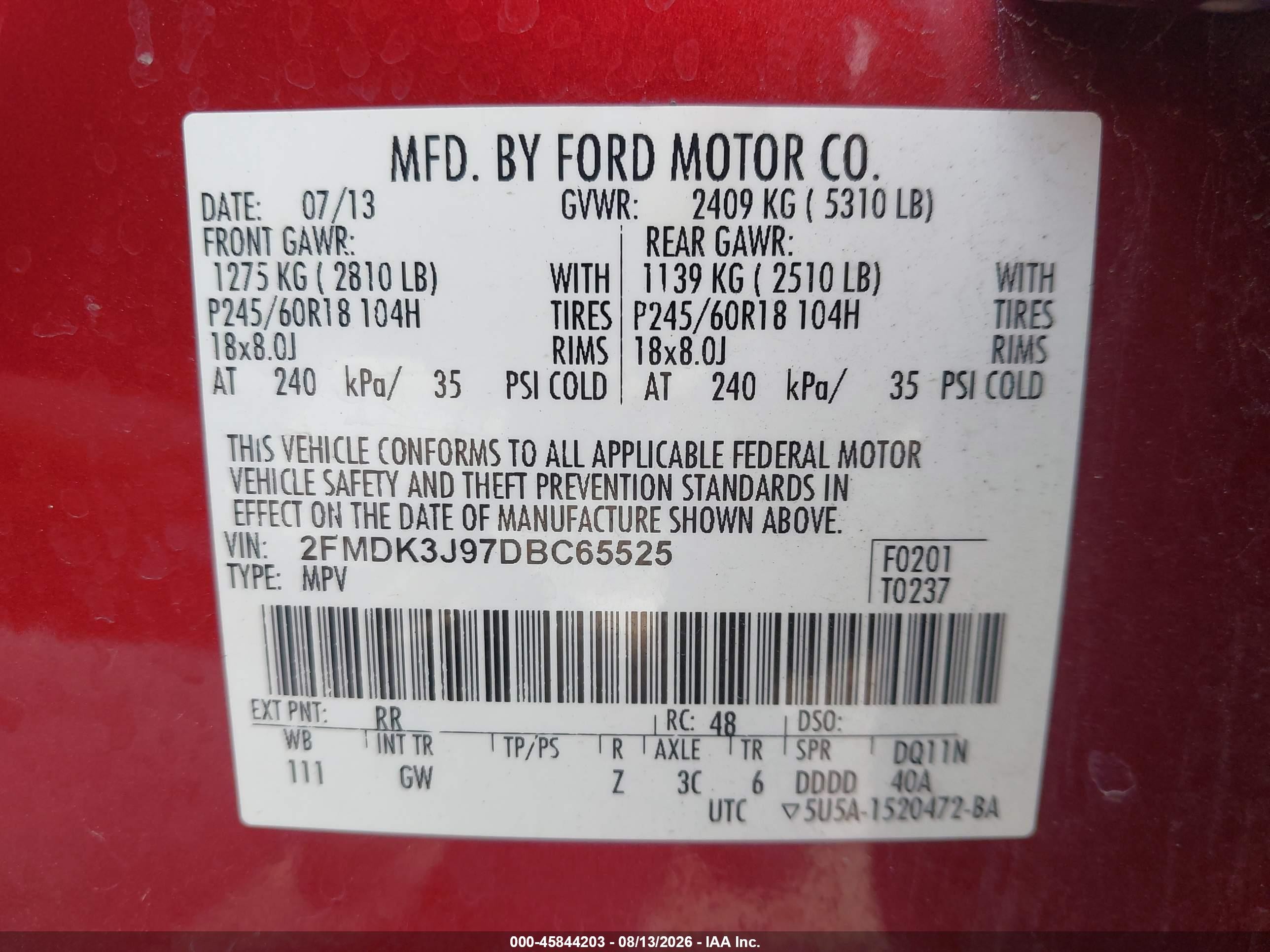 2013 Ford Edge Sel Бордовый vin: 2FMDK3J97DBC65525