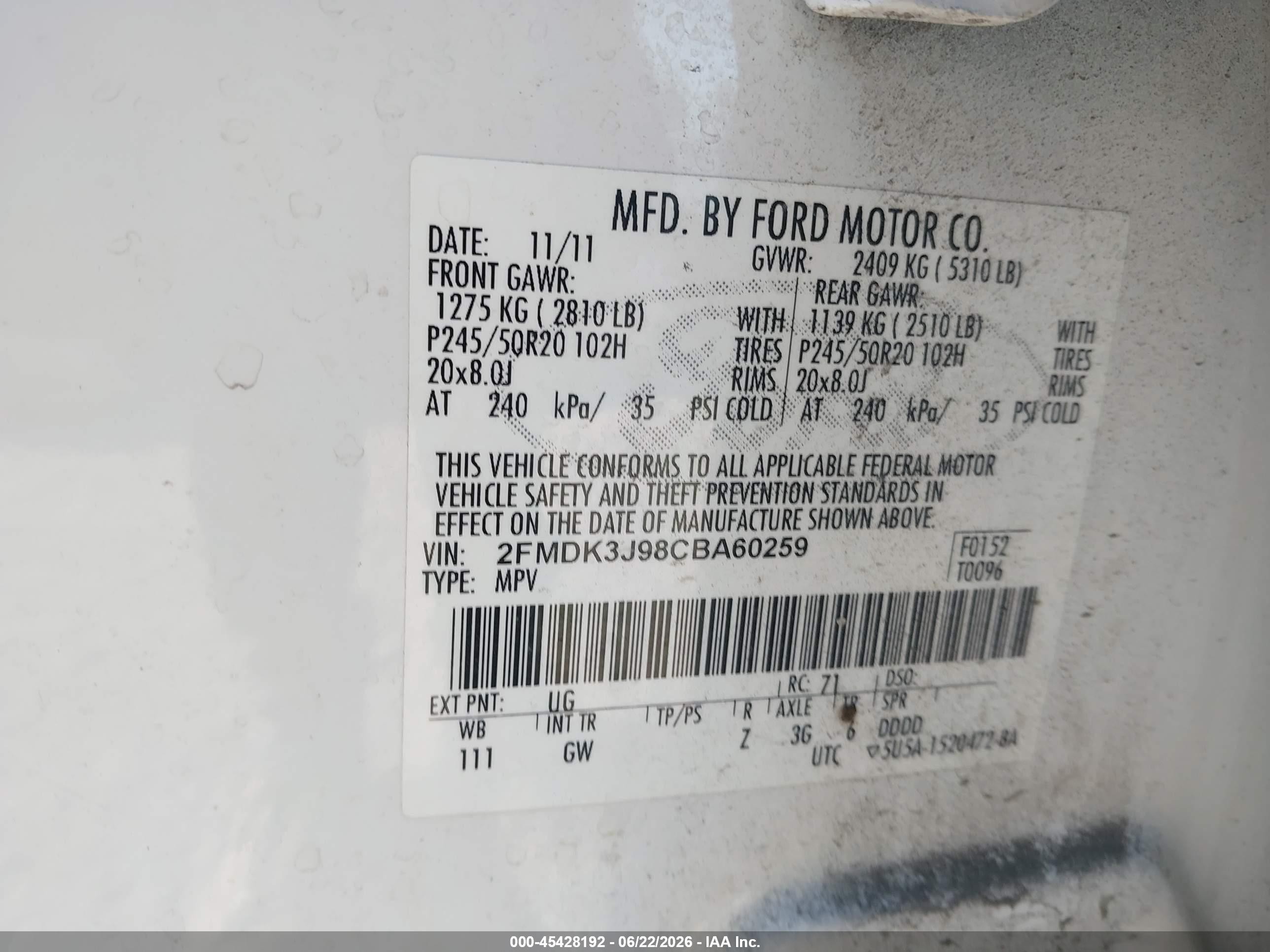 2012 Ford Edge Sel White vin: 2FMDK3J98CBA60259