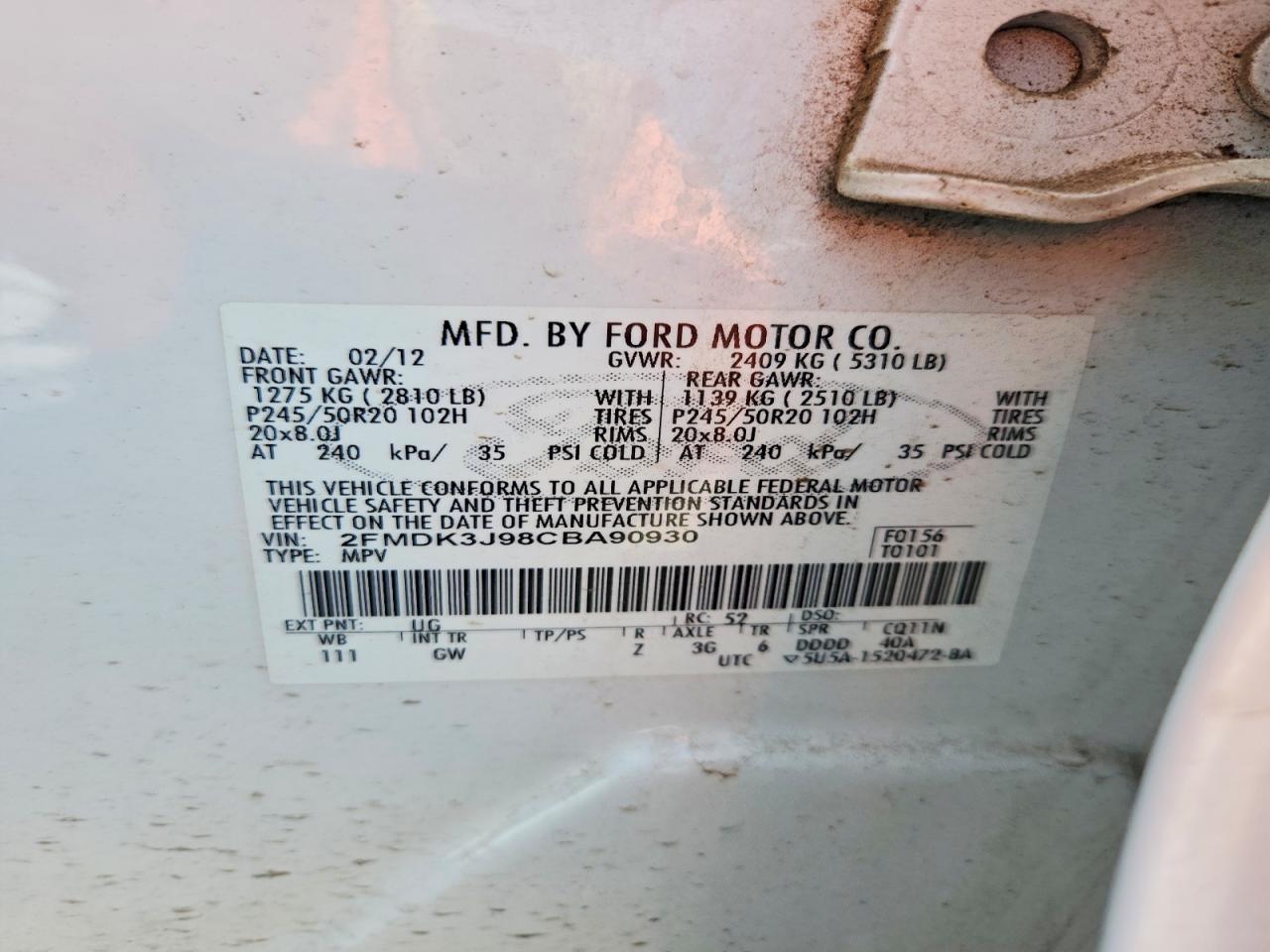 2012 Ford Edge Sel White vin: 2FMDK3J98CBA90930