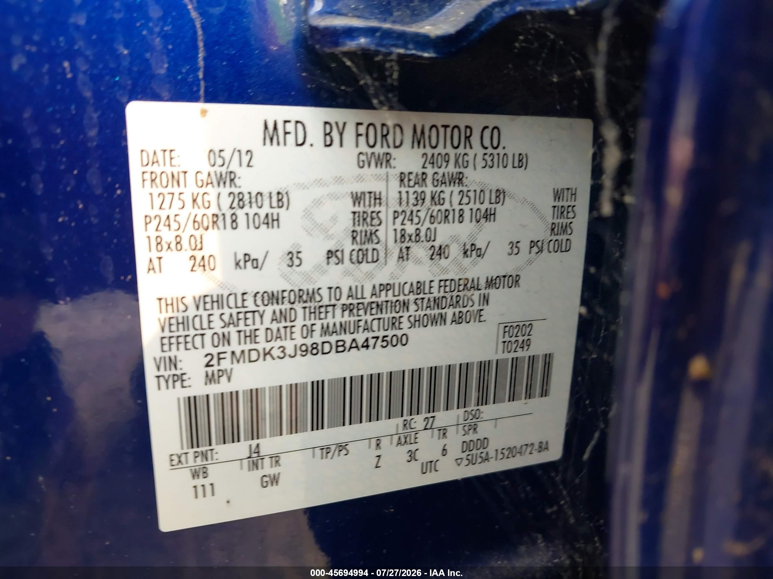2013 Ford Edge Sel Blue vin: 2FMDK3J98DBA47500