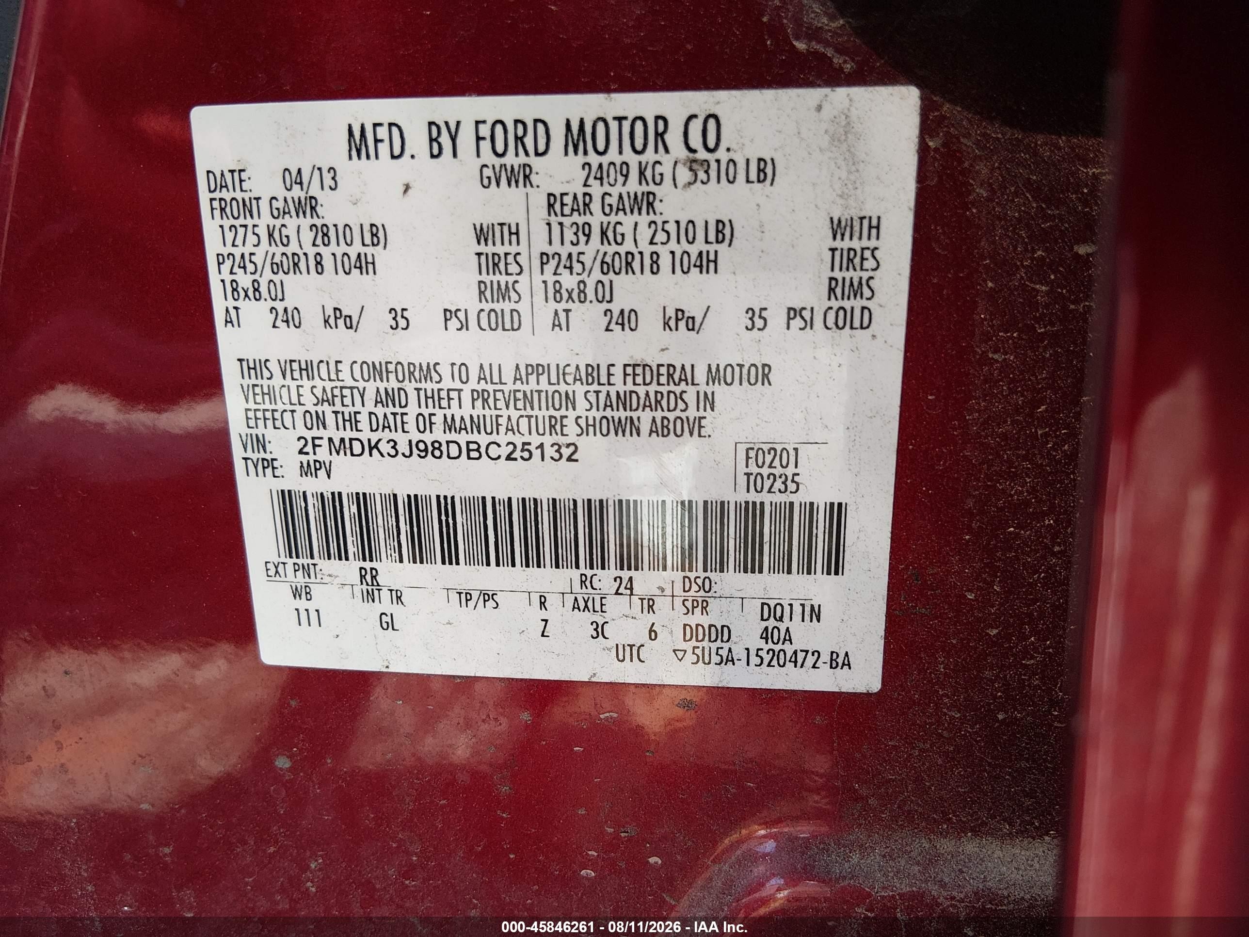 2013 Ford Edge Sel Red vin: 2FMDK3J98DBC25132
