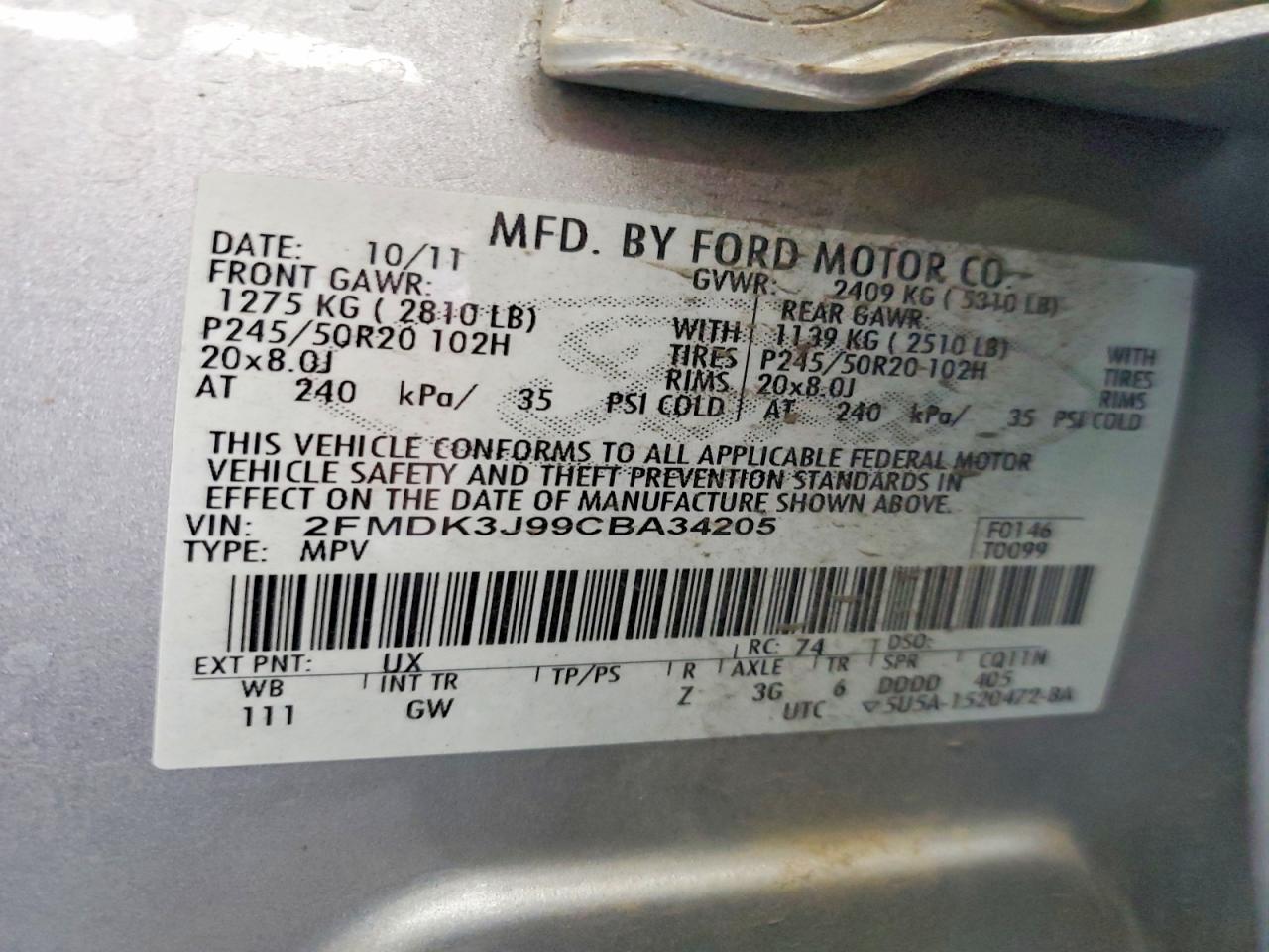2012 Ford Edge Sel Silver vin: 2FMDK3J99CBA34205