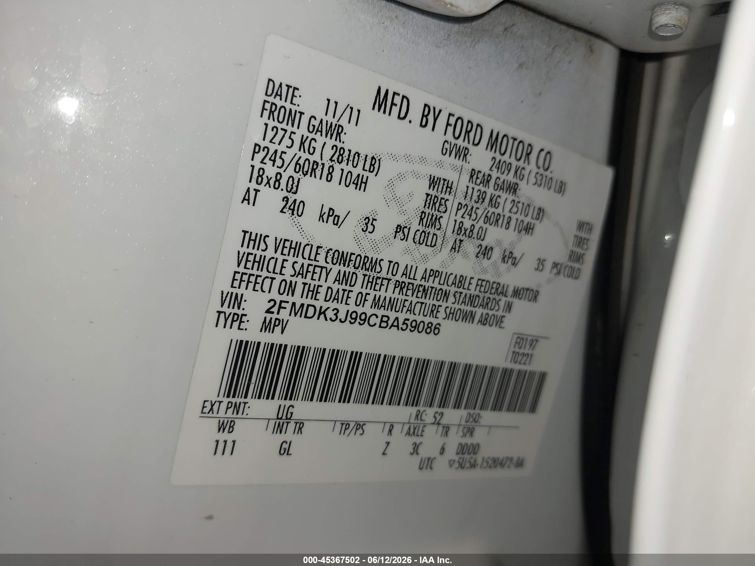 2012 Ford Edge Sel White vin: 2FMDK3J99CBA59086