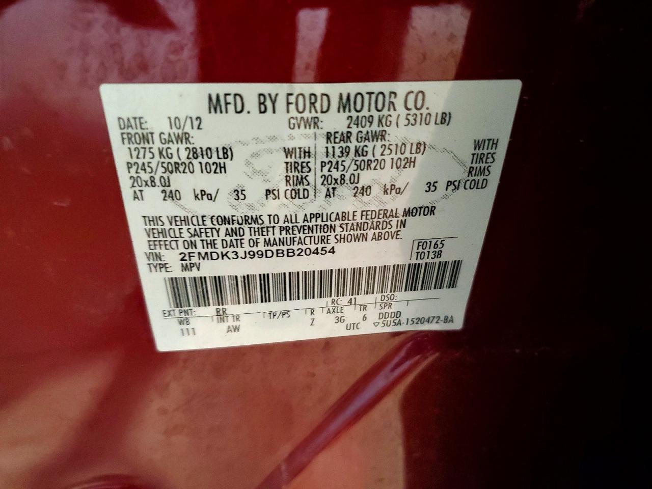 2013 Ford Edge Sel Burgundy vin: 2FMDK3J99DBB20454