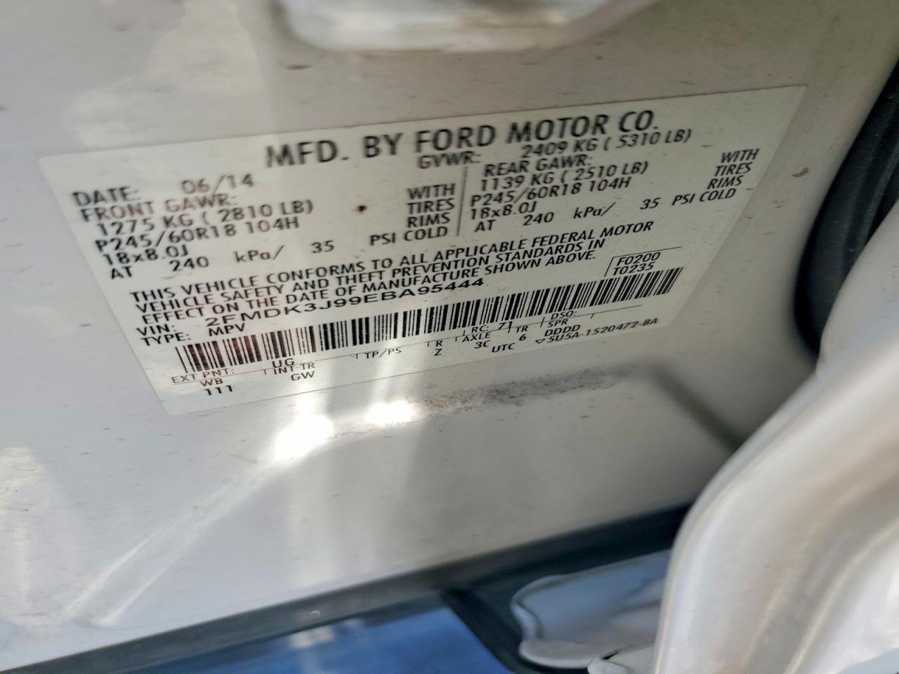 2014 Ford Edge Sel White vin: 2FMDK3J99EBA95444