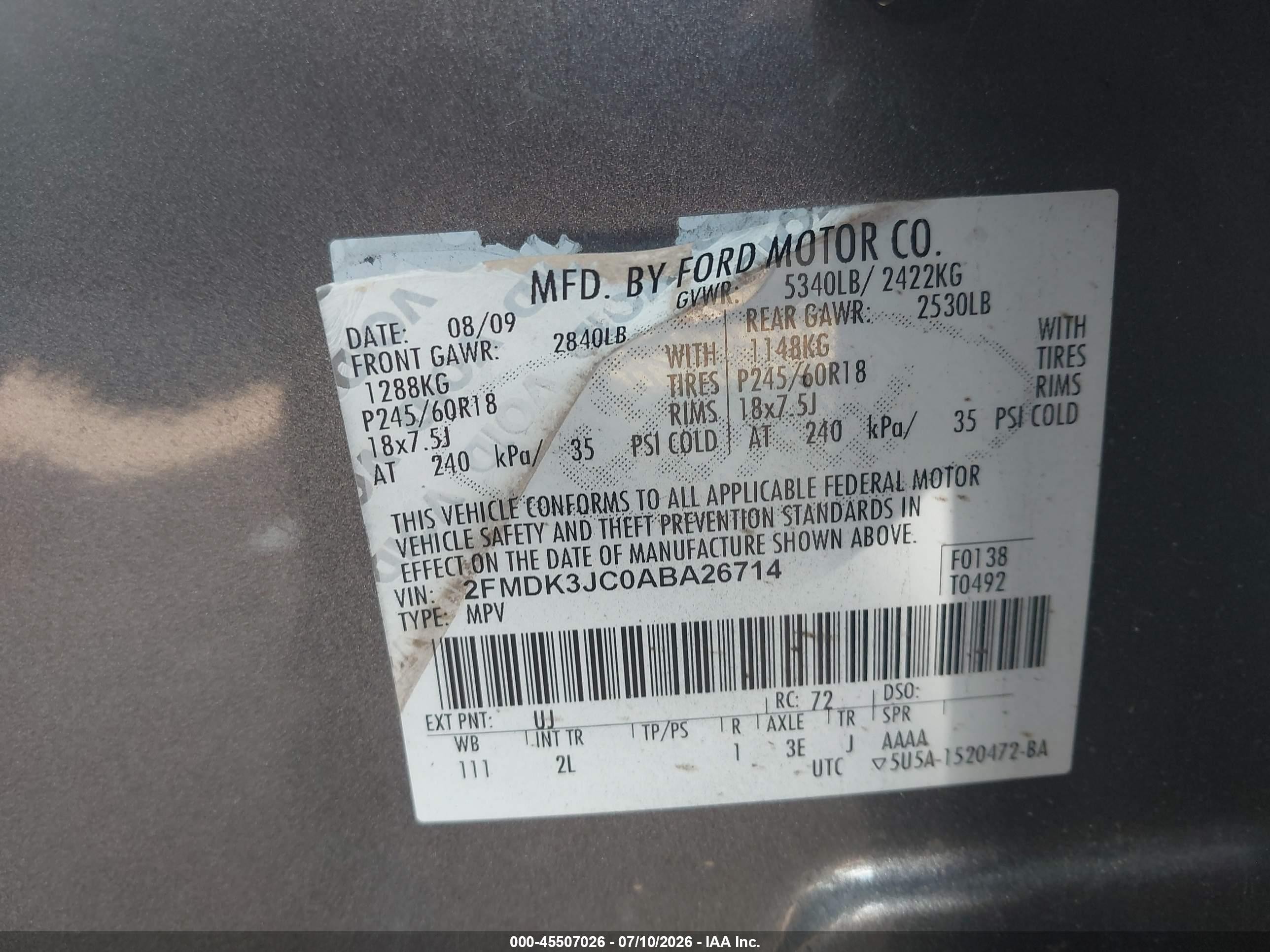 2010 Ford Edge Sel Gray vin: 2FMDK3JC0ABA26714
