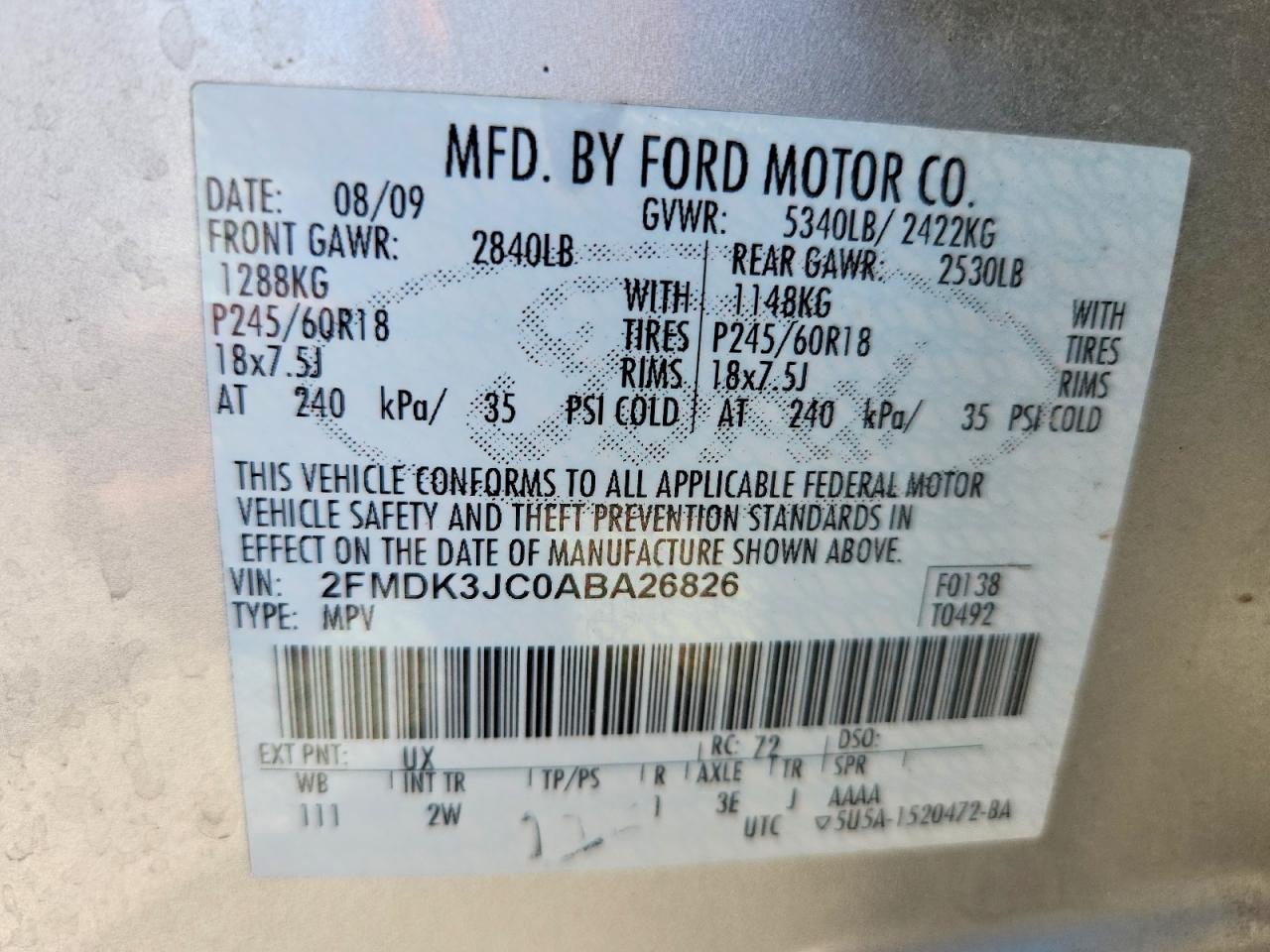 2010 Ford Edge Sel Silver vin: 2FMDK3JC0ABA26826