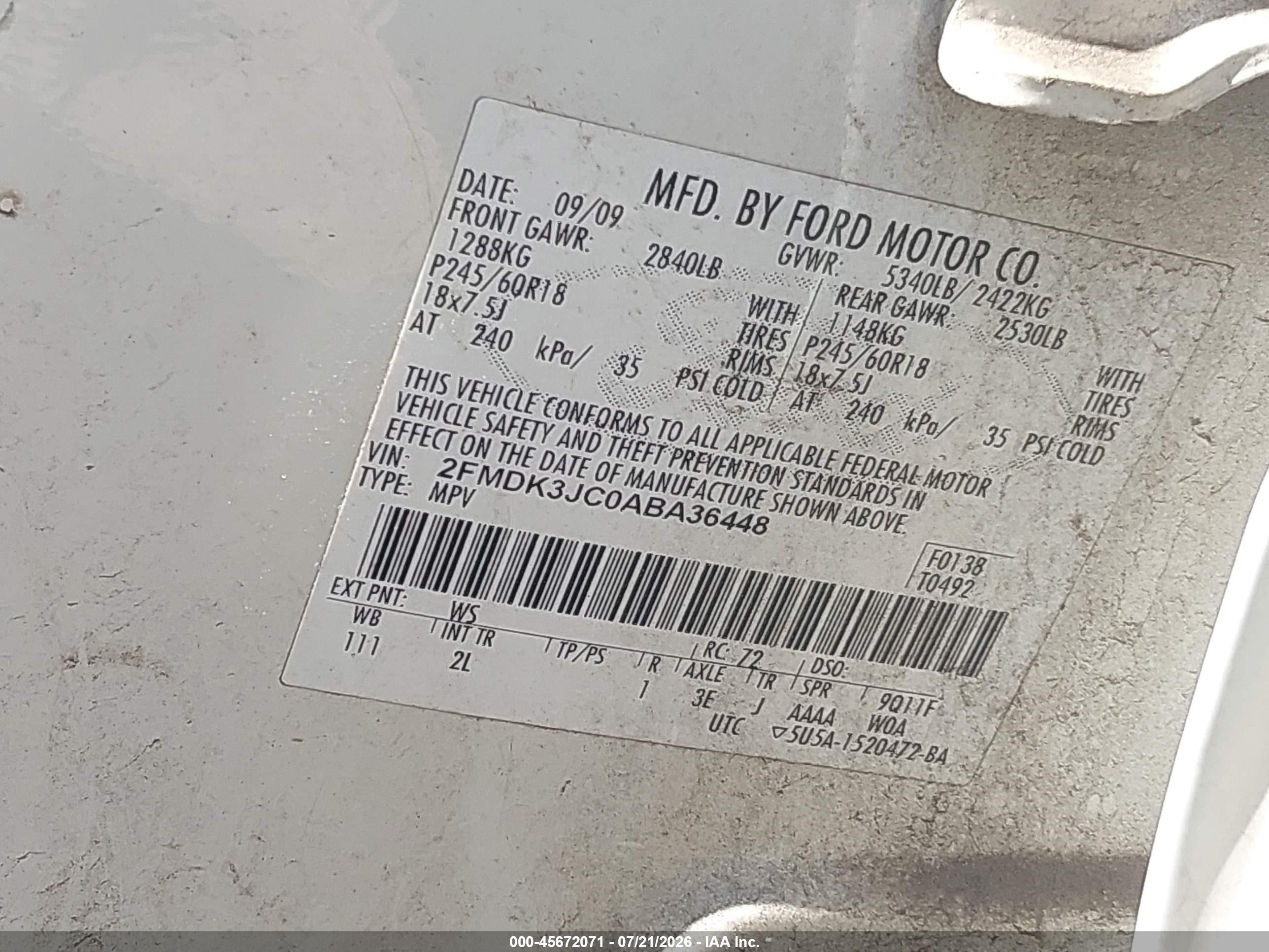 2010 Ford Edge Sel White vin: 2FMDK3JC0ABA36448