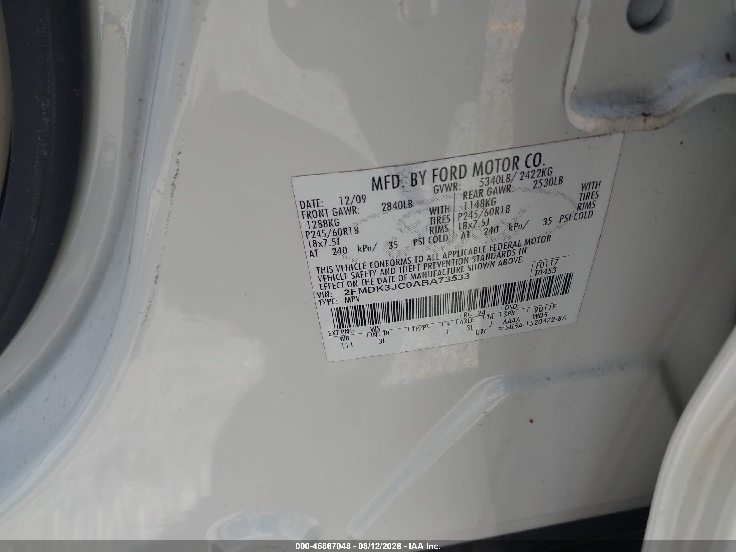 2010 Ford Edge Sel White vin: 2FMDK3JC0ABA73533