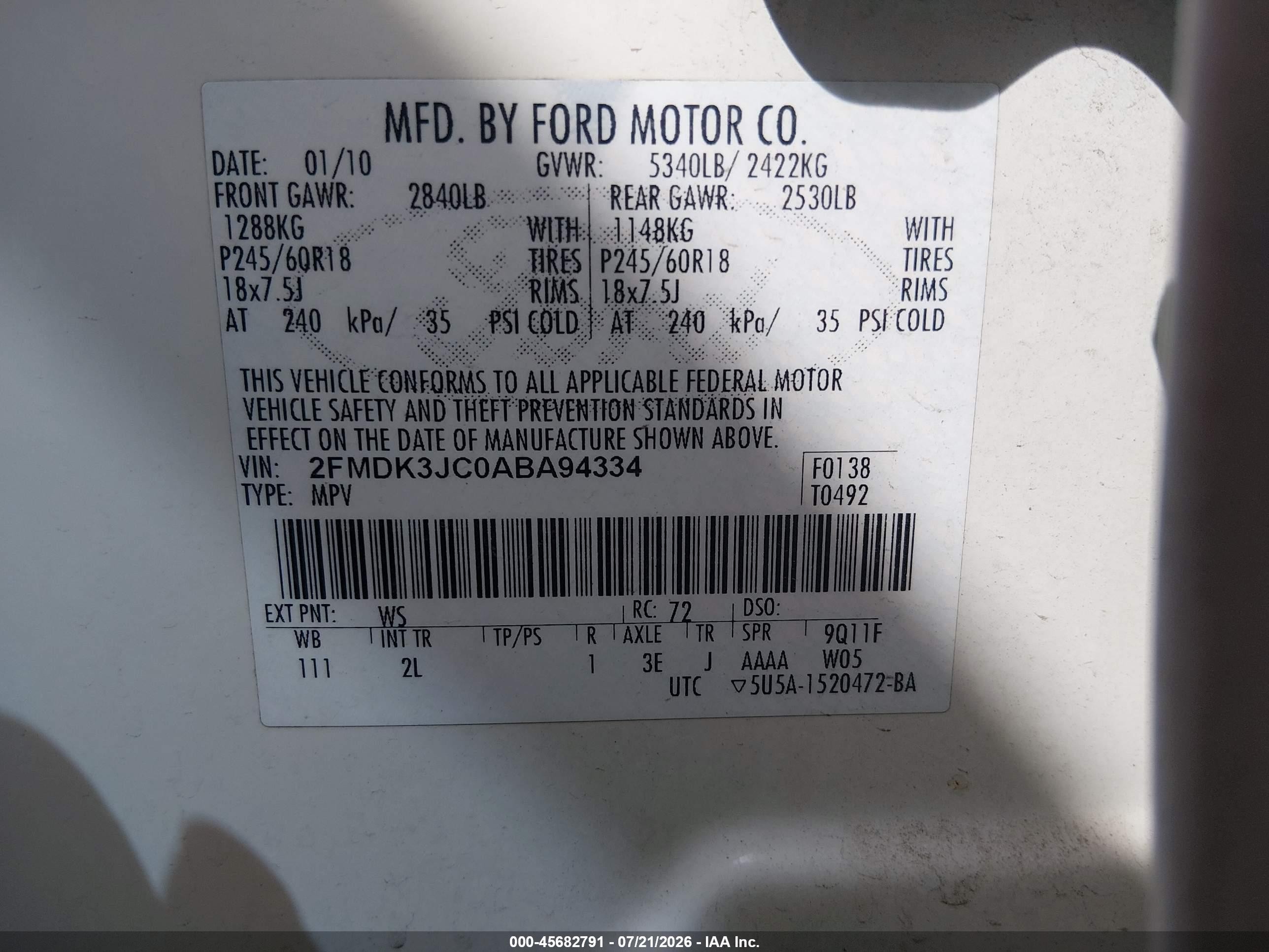 2010 Ford Edge Sel White vin: 2FMDK3JC0ABA94334