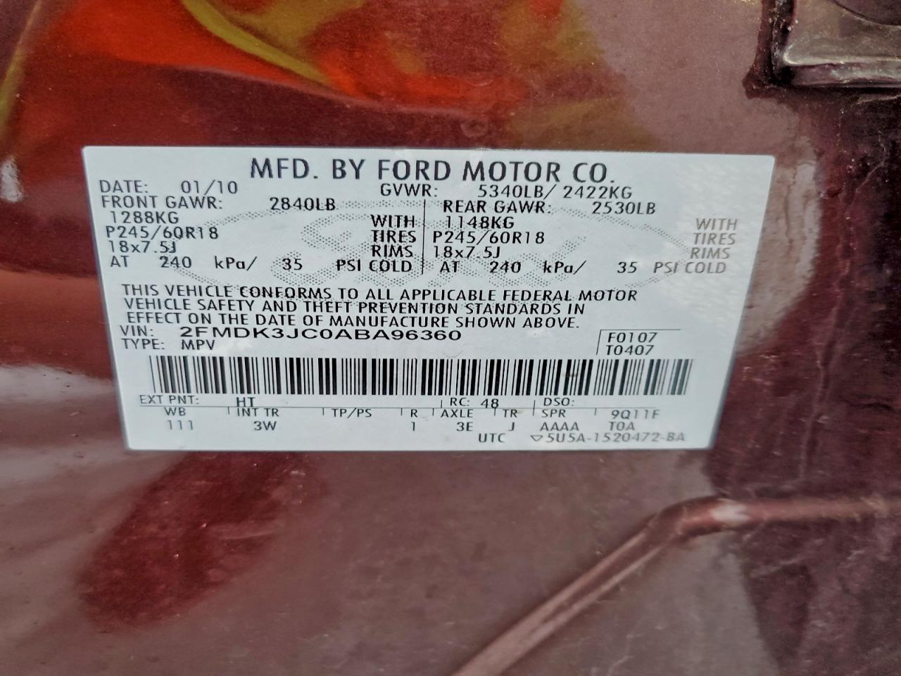 2010 Ford Edge Sel Burgundy vin: 2FMDK3JC0ABA96360