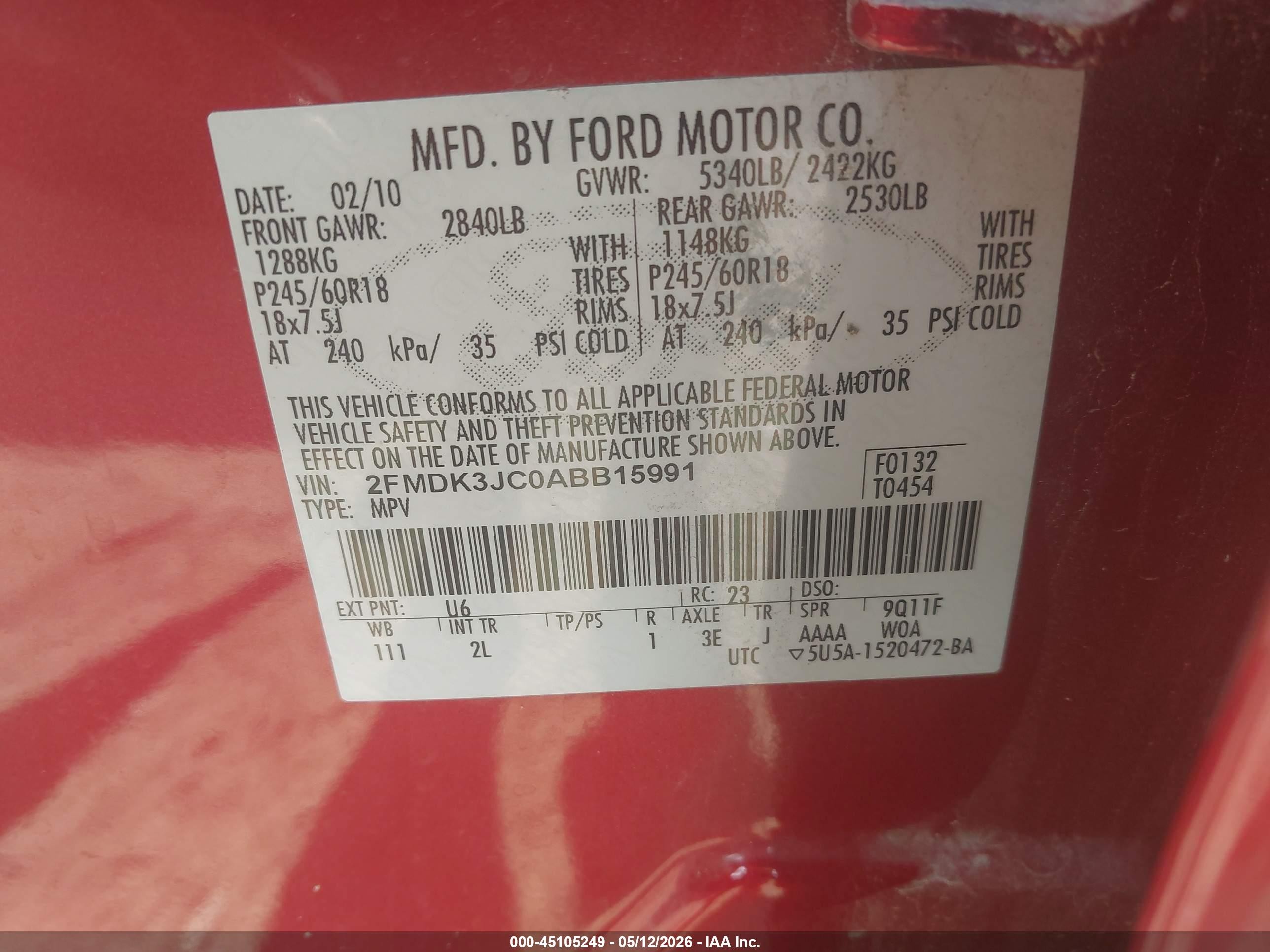2010 Ford Edge Sel Red vin: 2FMDK3JC0ABB15991