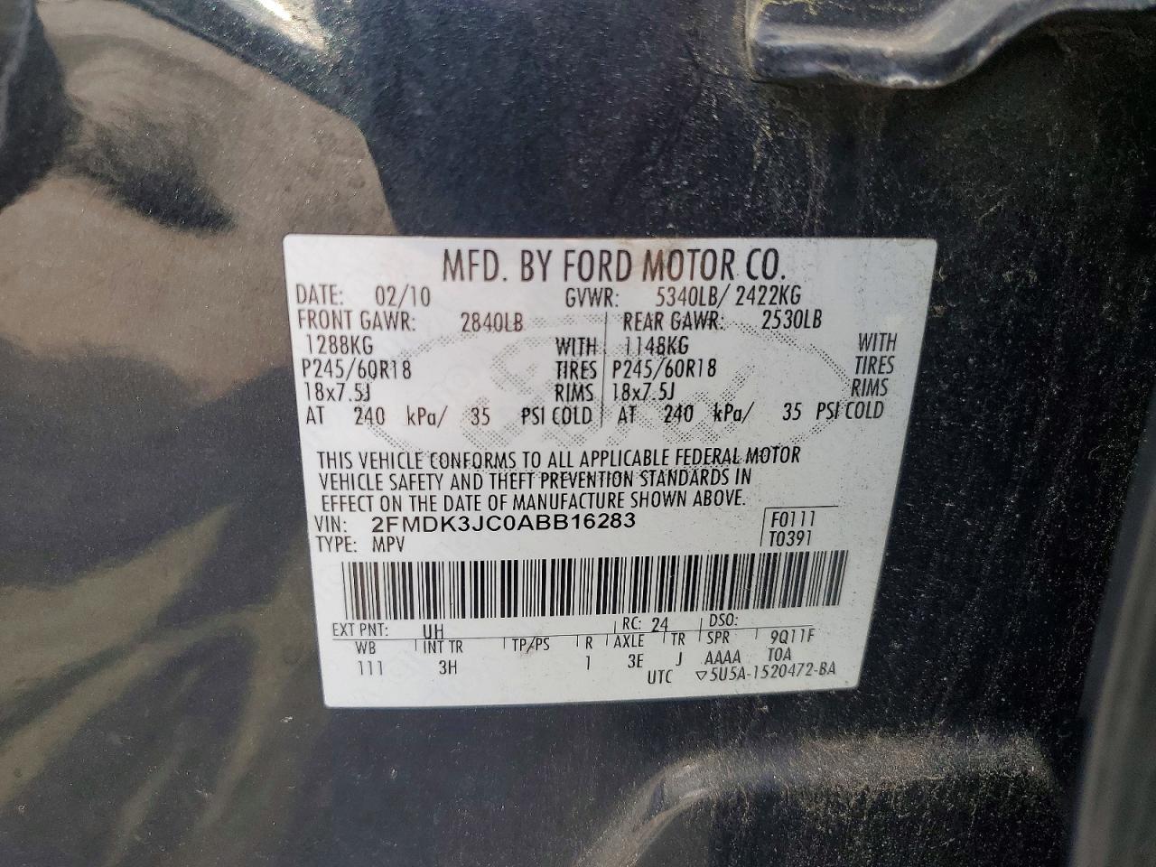 2010 Ford Edge Sel Black vin: 2FMDK3JC0ABB16283