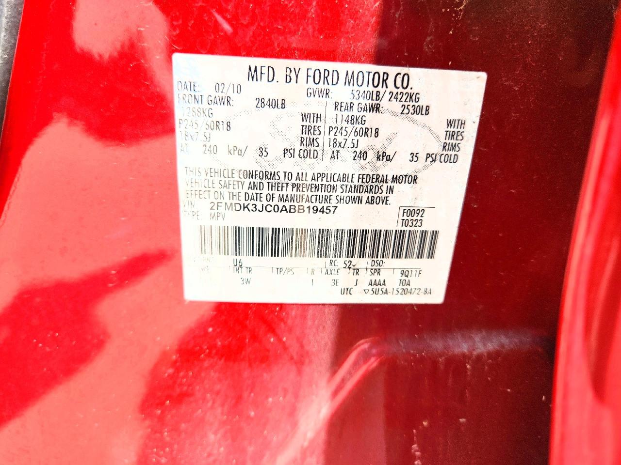 2010 Ford Edge Sel Red vin: 2FMDK3JC0ABB19457