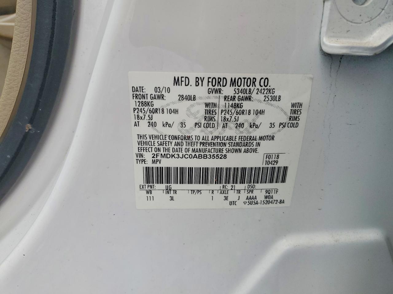 2010 Ford Edge Sel White vin: 2FMDK3JC0ABB35528