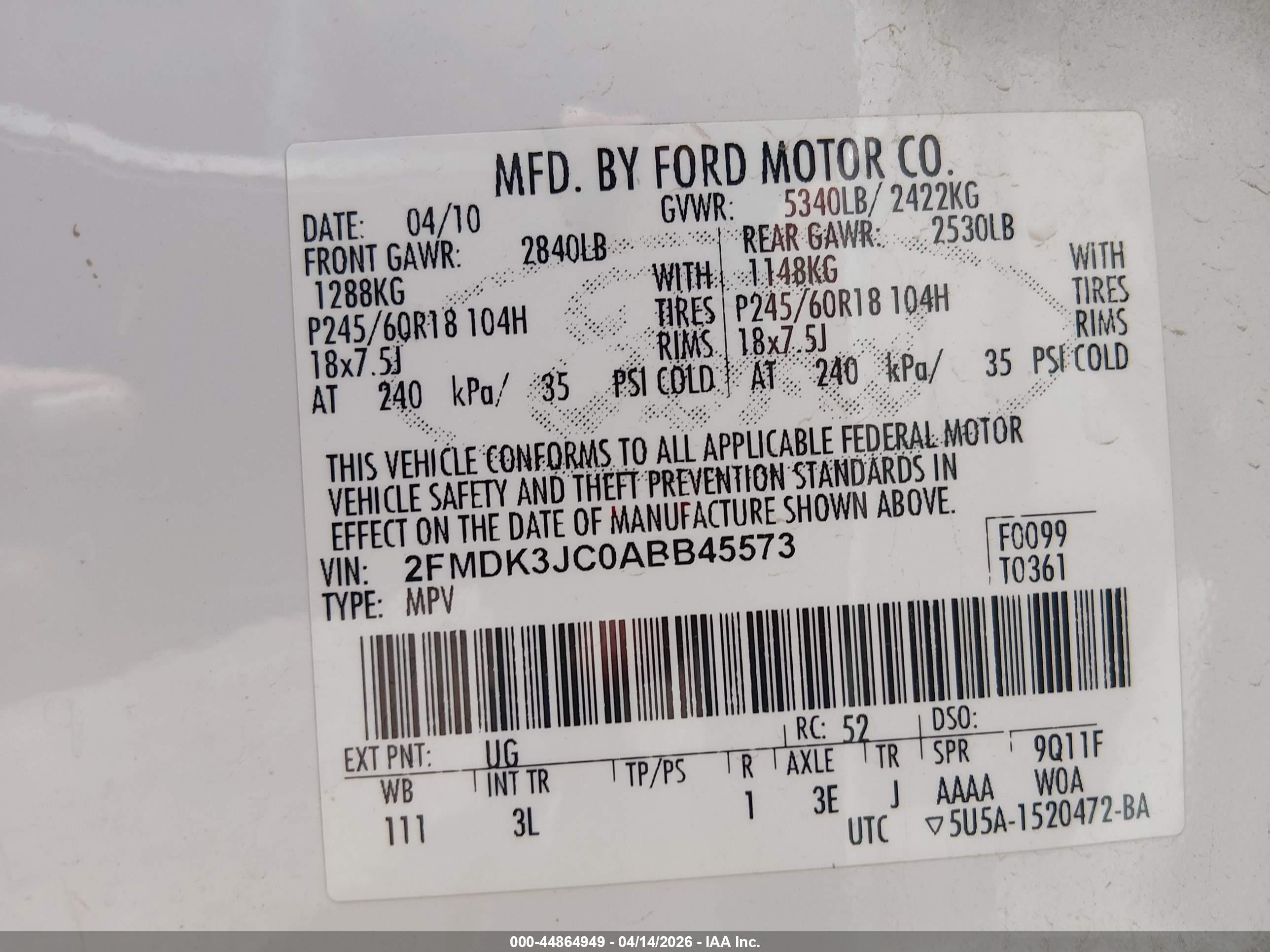 2010 Ford Edge Sel White vin: 2FMDK3JC0ABB45573