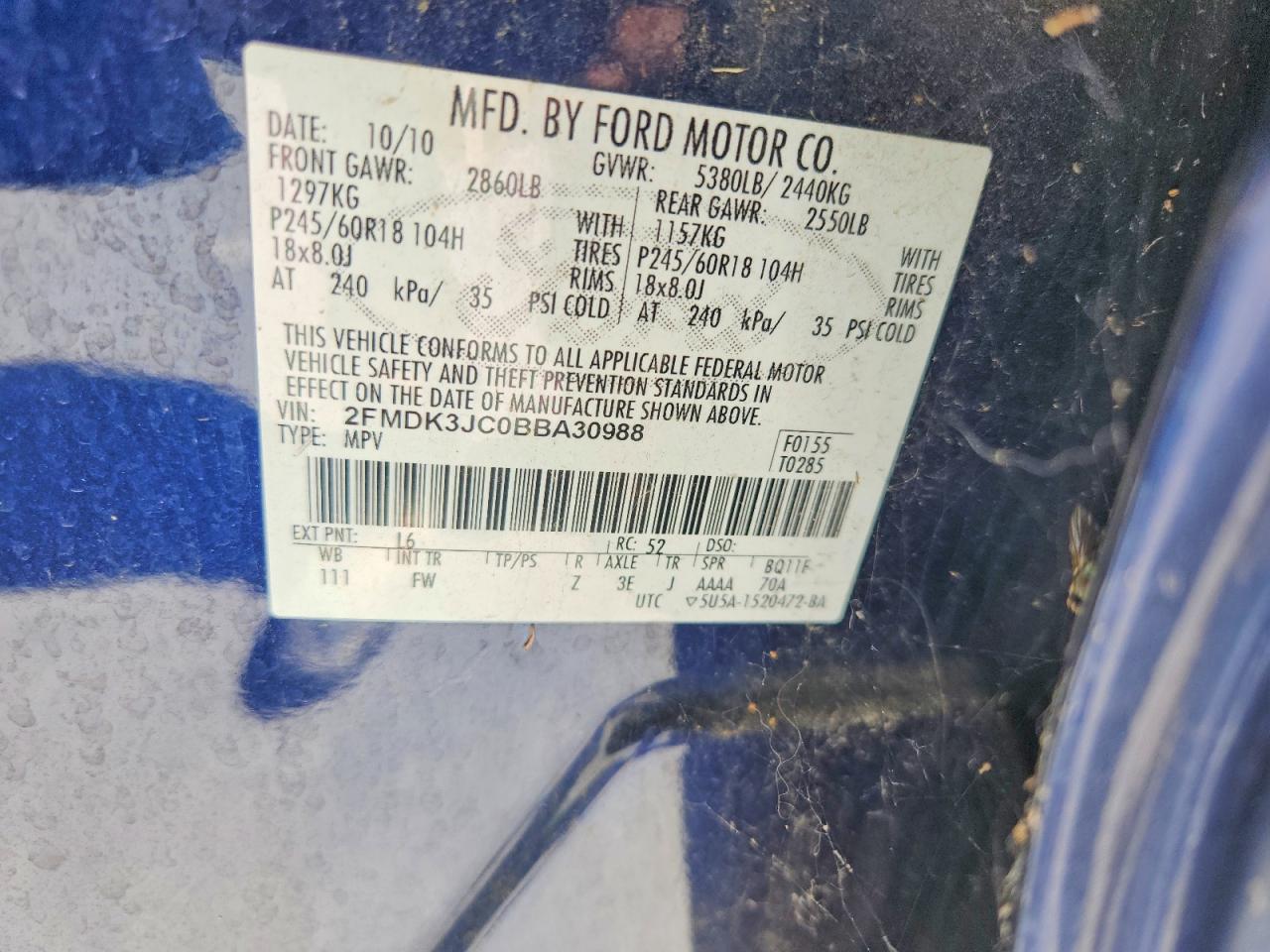 2011 Ford Edge Sel Blue vin: 2FMDK3JC0BBA30988