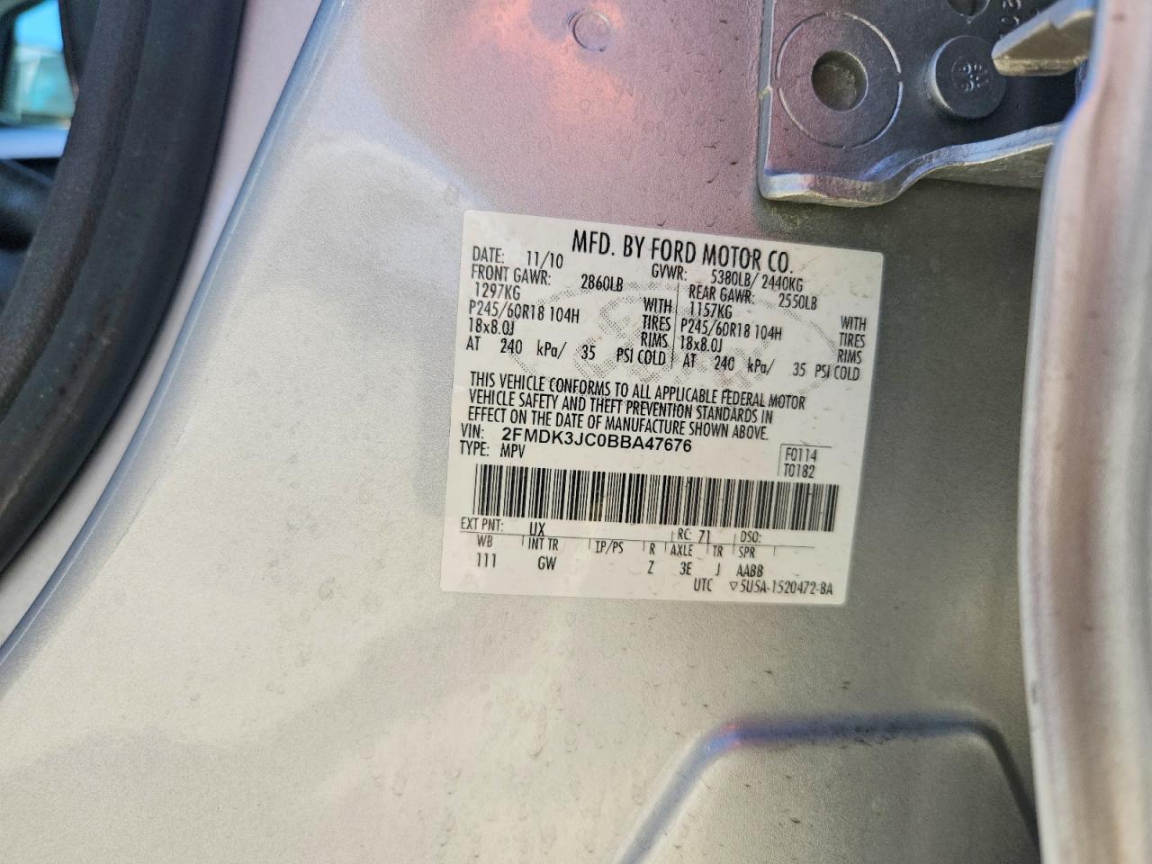2011 Ford Edge Sel Silver vin: 2FMDK3JC0BBA47676