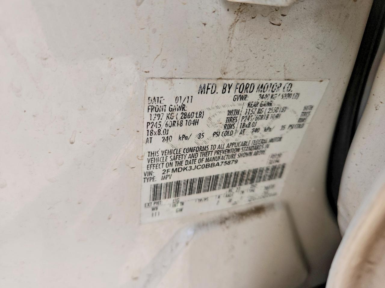 2011 Ford Edge Sel White vin: 2FMDK3JC0BBA75879