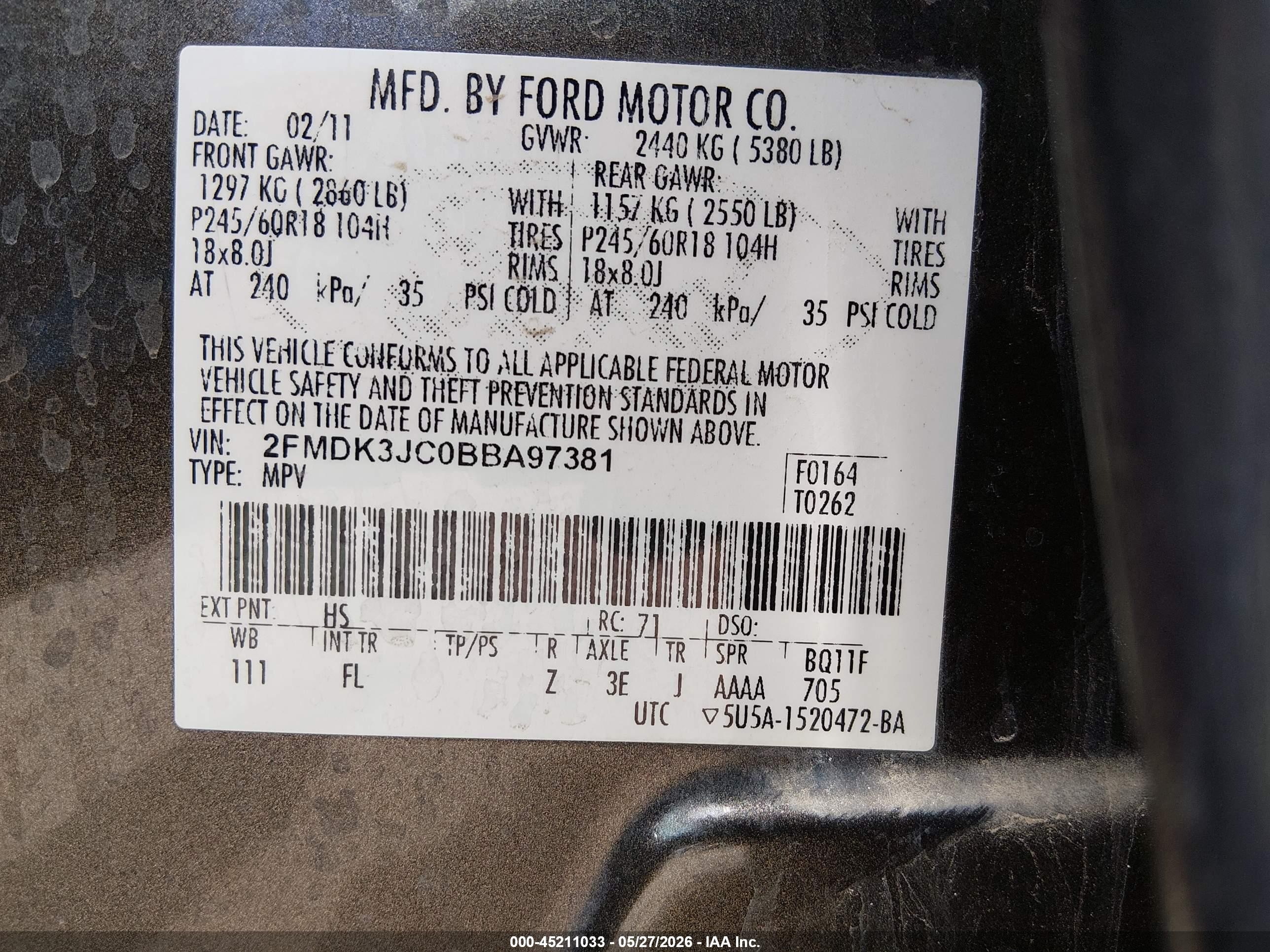 2011 Ford Edge Sel Gray vin: 2FMDK3JC0BBA97381