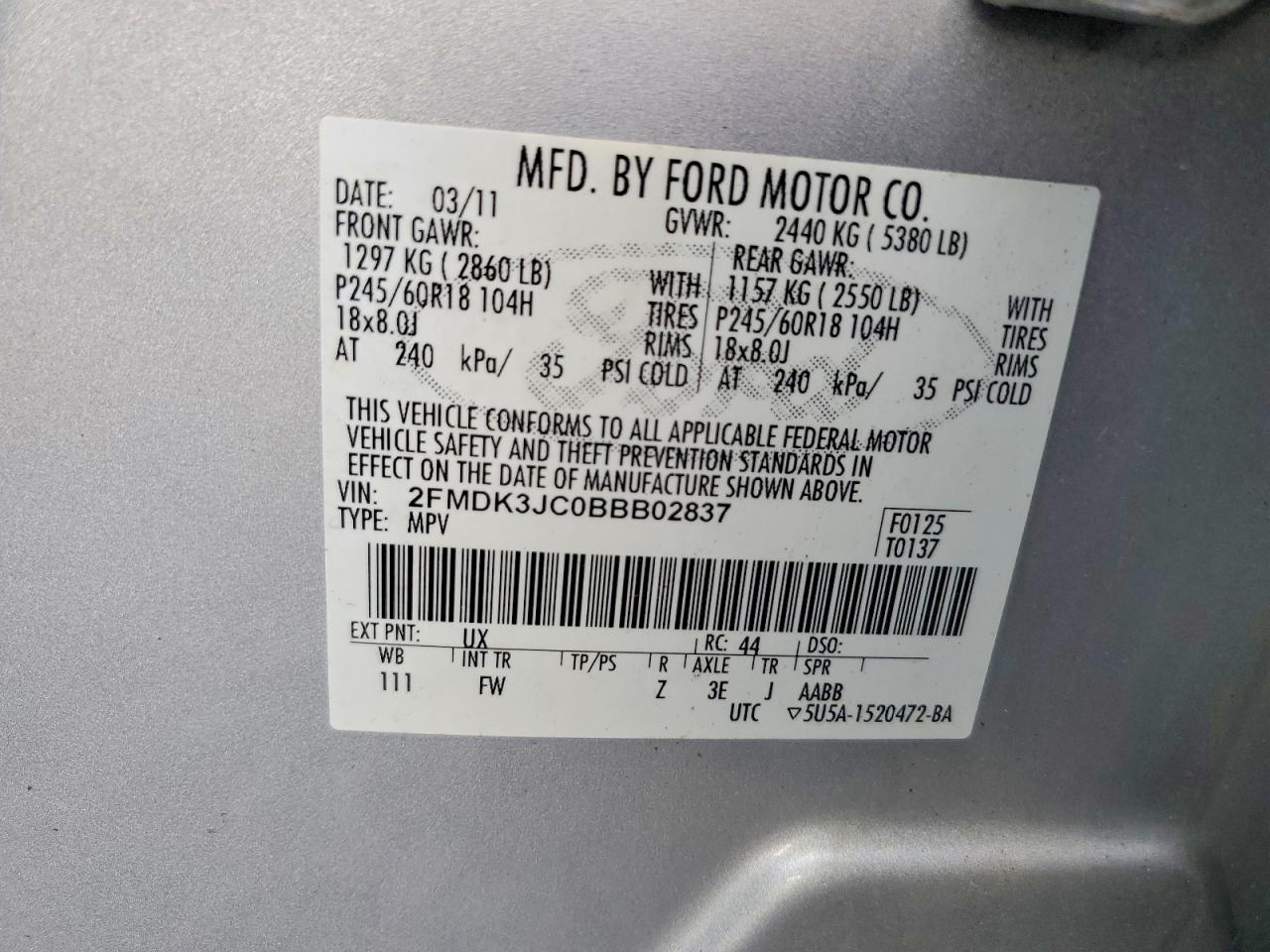 2011 Ford Edge Sel Silver vin: 2FMDK3JC0BBB02837
