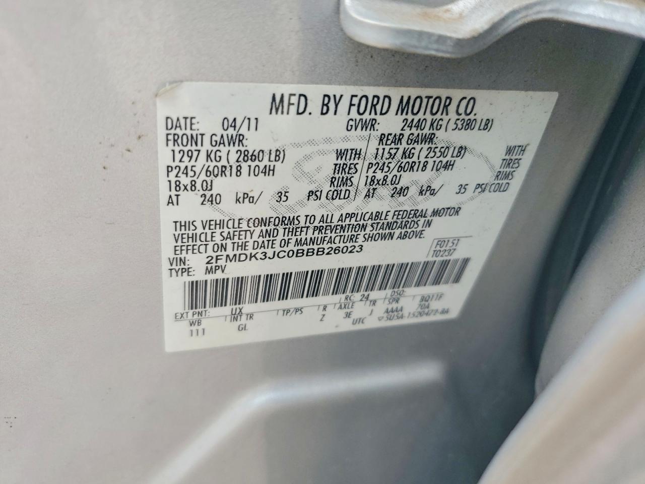 2011 Ford Edge Sel Silver vin: 2FMDK3JC0BBB26023