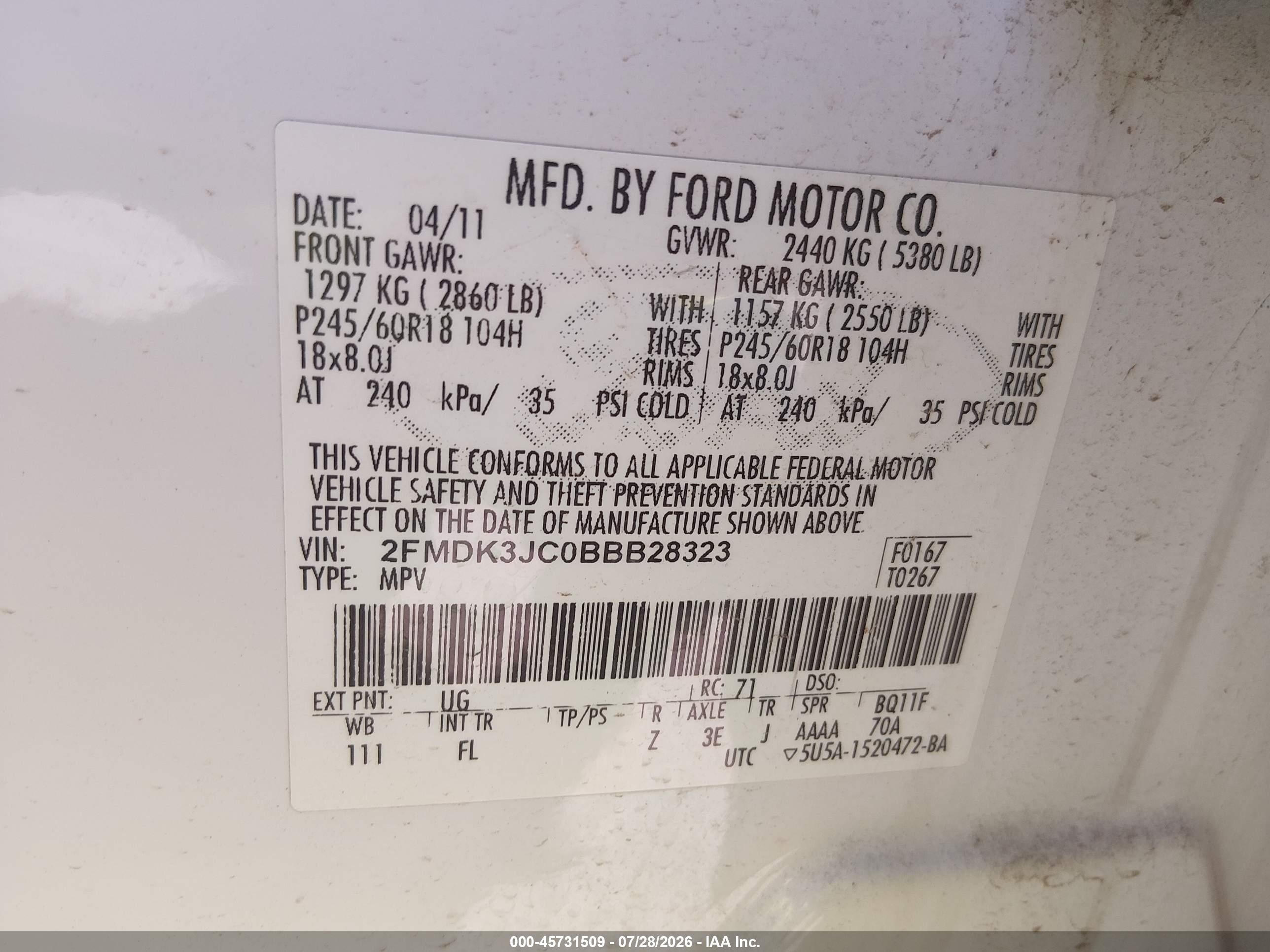 2011 Ford Edge Sel White vin: 2FMDK3JC0BBB28323