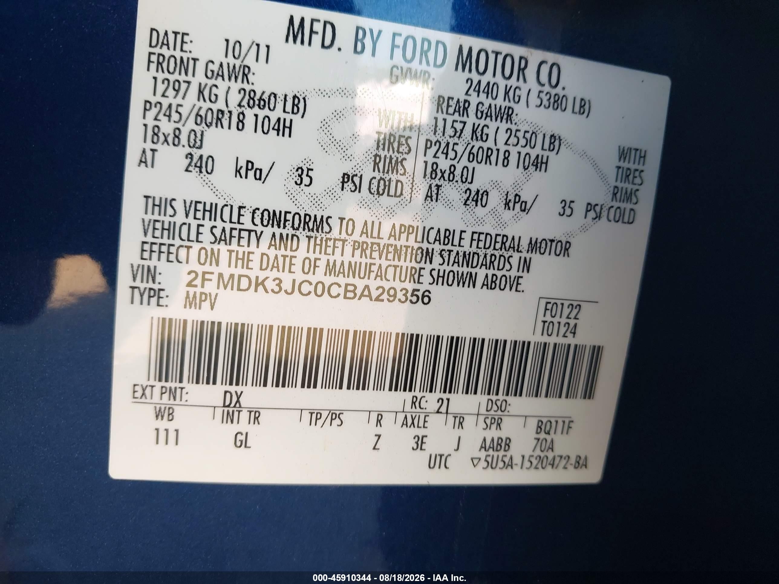 2012 Ford Edge Sel Blue vin: 2FMDK3JC0CBA29356