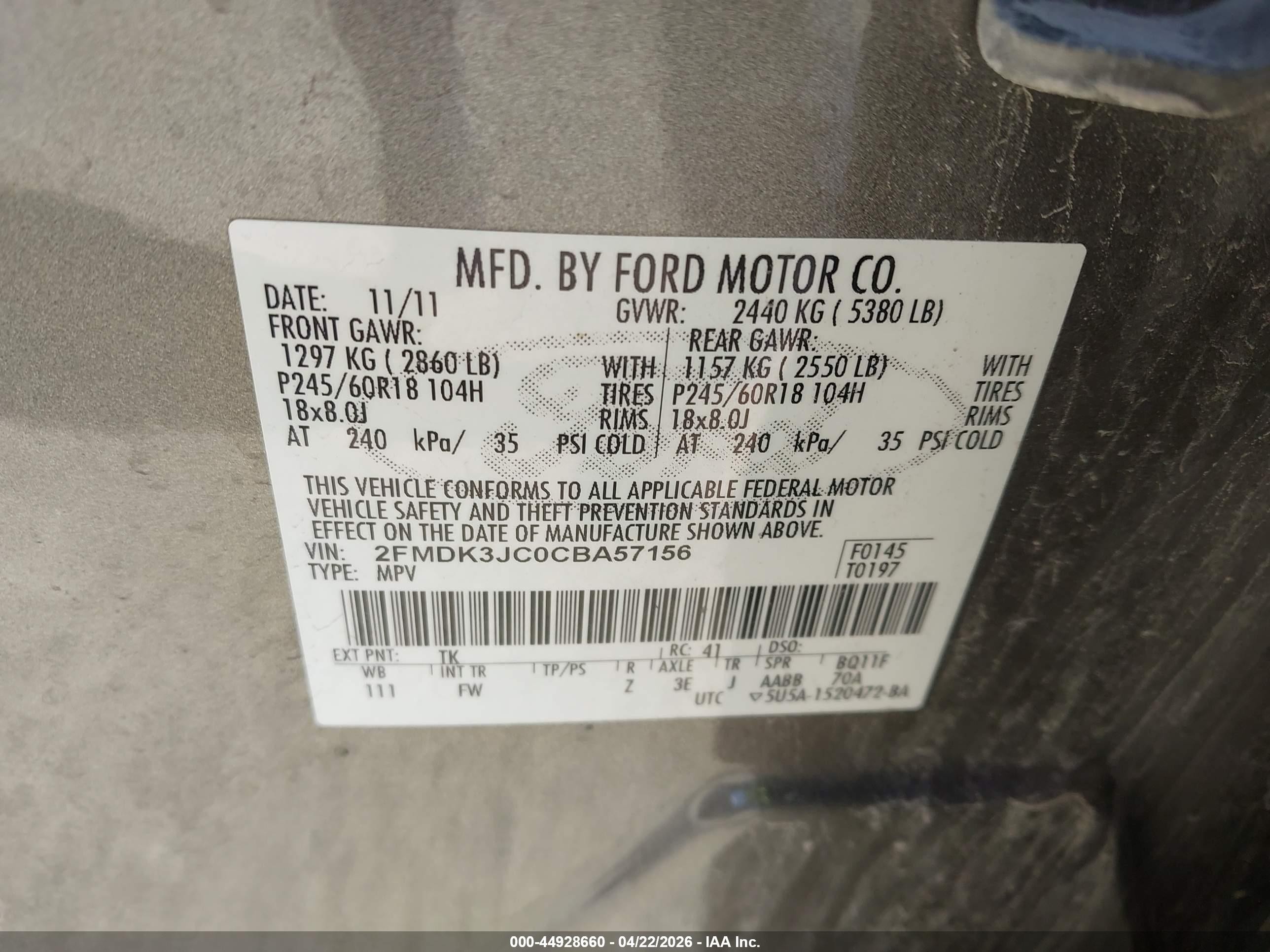 2012 Ford Edge Sel Gold vin: 2FMDK3JC0CBA57156