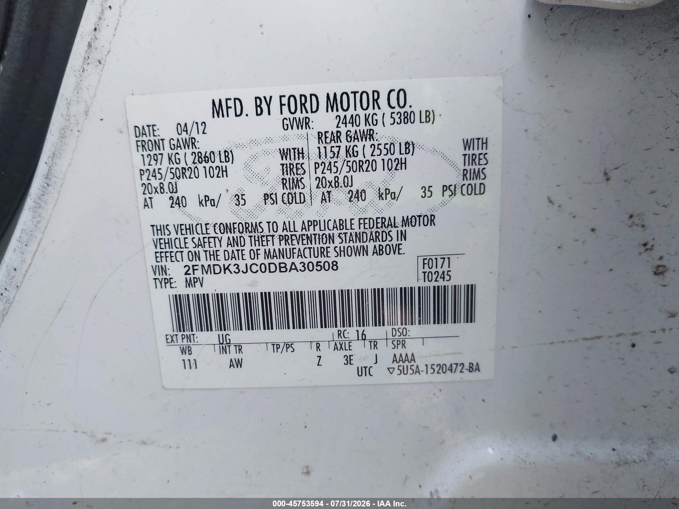2013 Ford Edge Sel White vin: 2FMDK3JC0DBA30508