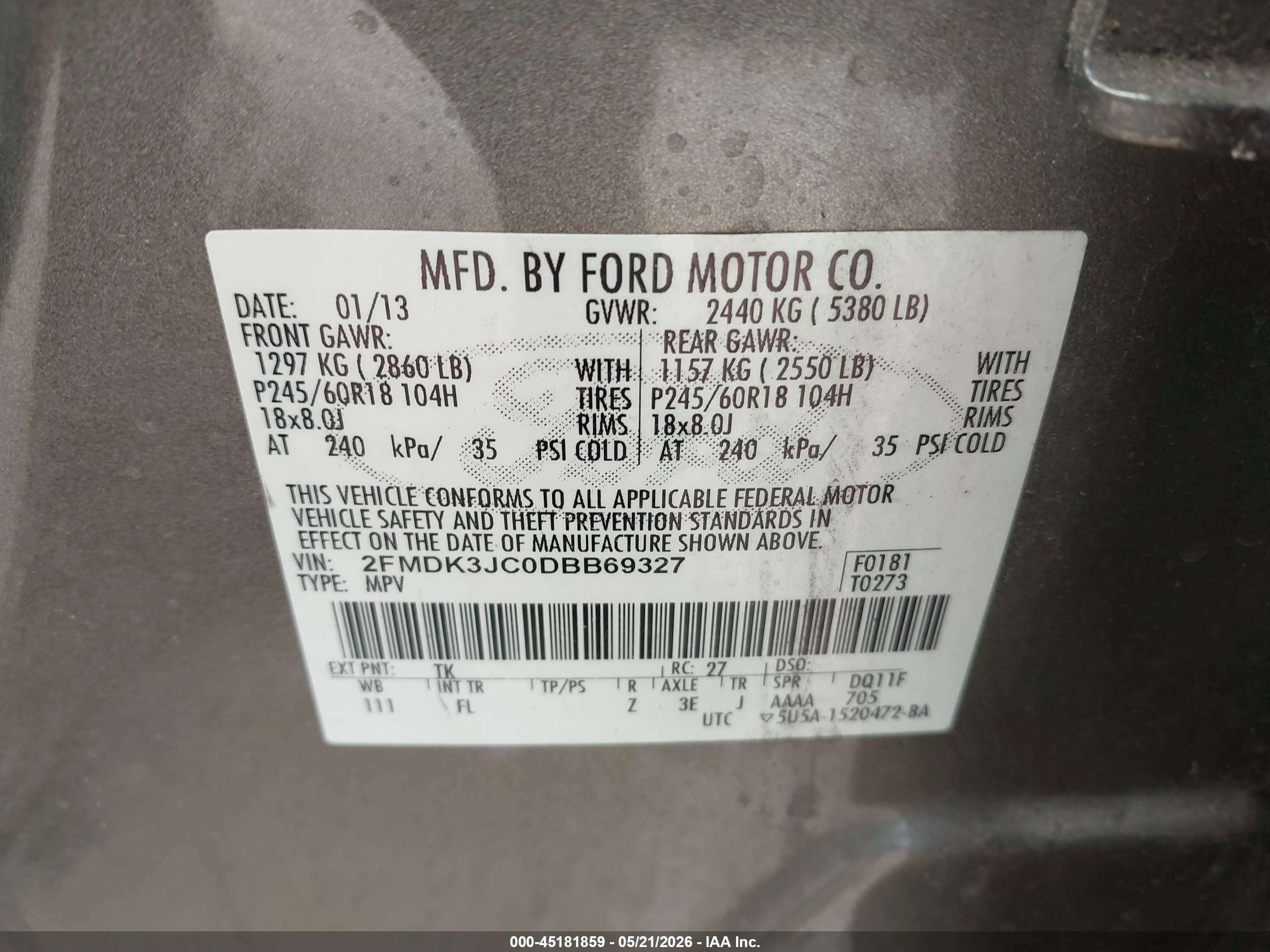 2013 Ford Edge Sel Beige vin: 2FMDK3JC0DBB69327