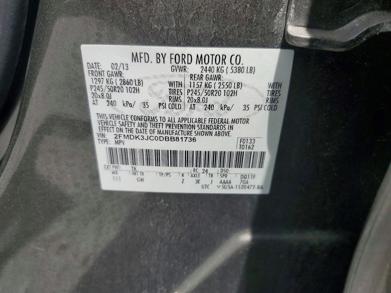 2013 Ford Edge Sel Charcoal vin: 2FMDK3JC0DBB81736