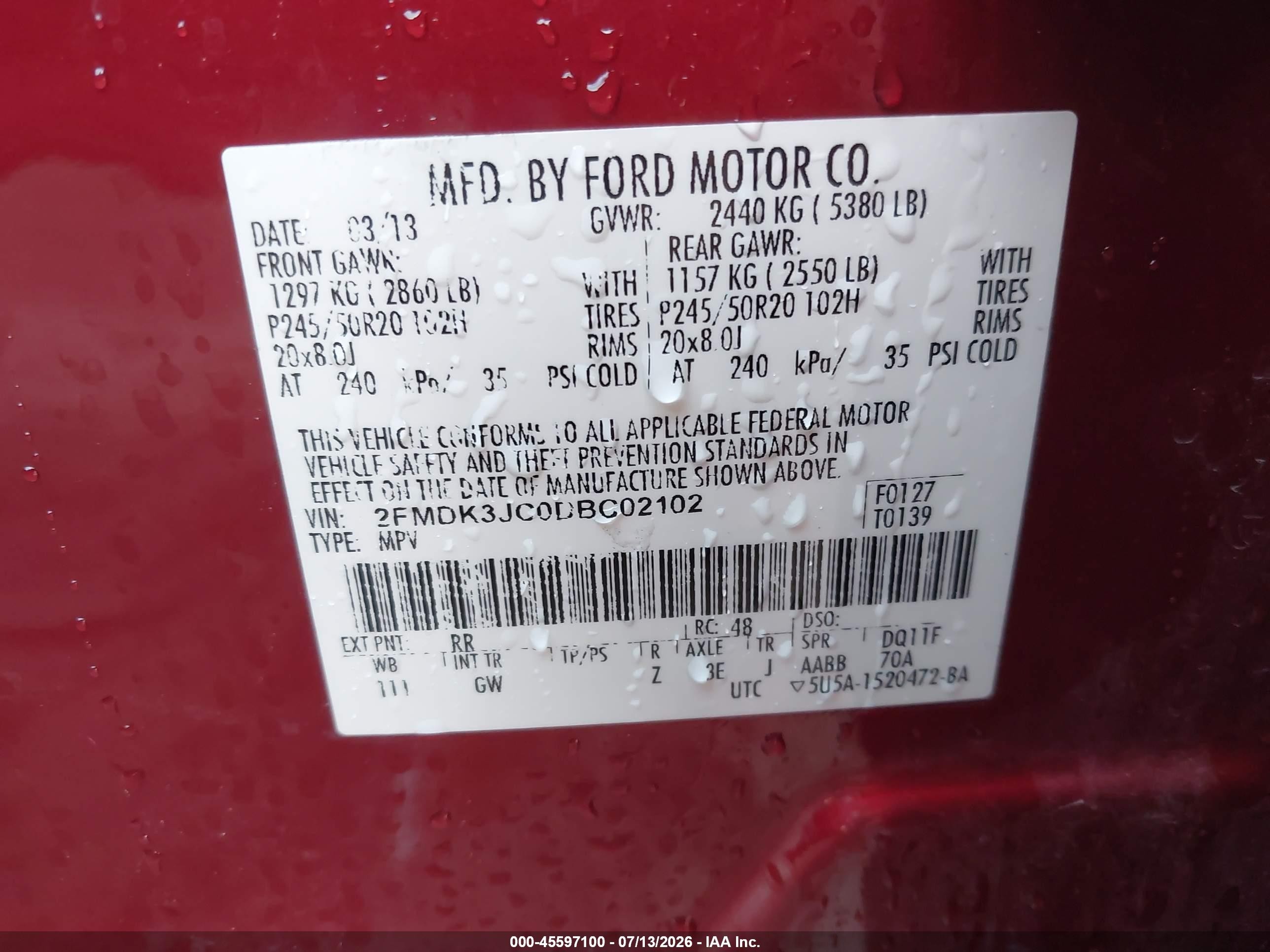2013 Ford Edge Sel Red vin: 2FMDK3JC0DBC02102