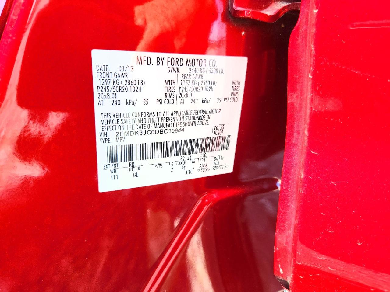 2013 Ford Edge Sel Red vin: 2FMDK3JC0DBC10944