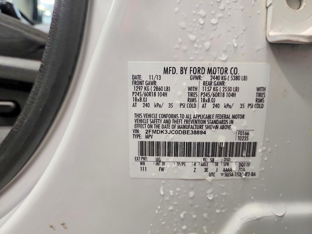 2013 Ford Edge Sel White vin: 2FMDK3JC0DBE38894